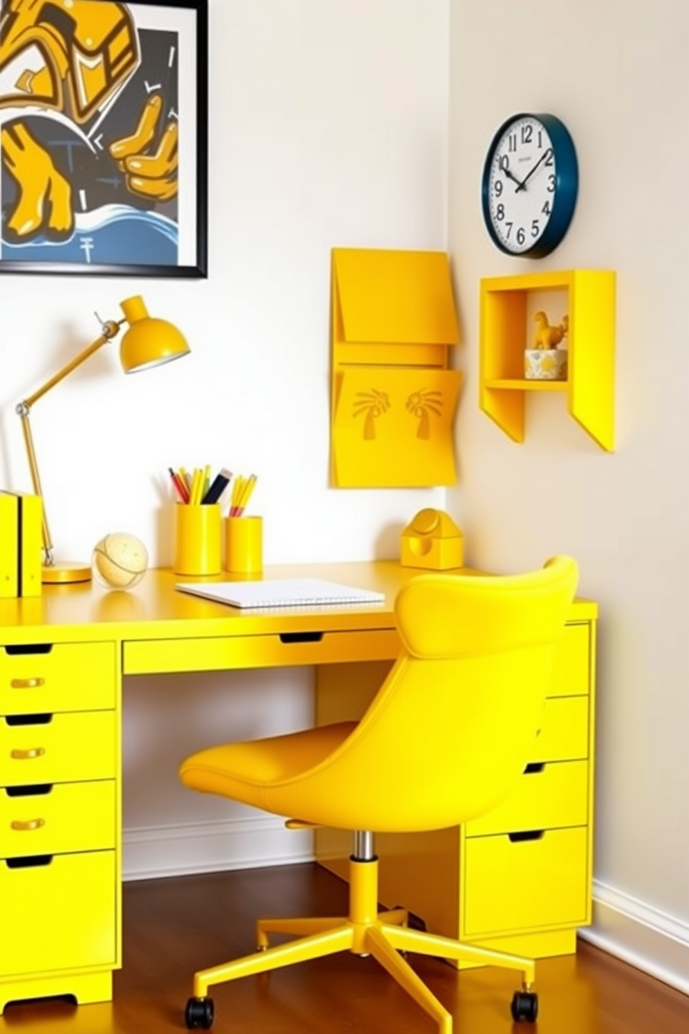 A bright yellow desk is the centerpiece of a cheerful home office. Surrounding the desk are vibrant yellow accessories, including a stylish pen holder, a sleek desk lamp, and a decorative clock, all contributing to a lively atmosphere. The walls are painted in a soft white to enhance the brightness of the yellow elements. A cozy chair in a complementary color sits at the desk, inviting creativity and productivity in this sunny workspace.