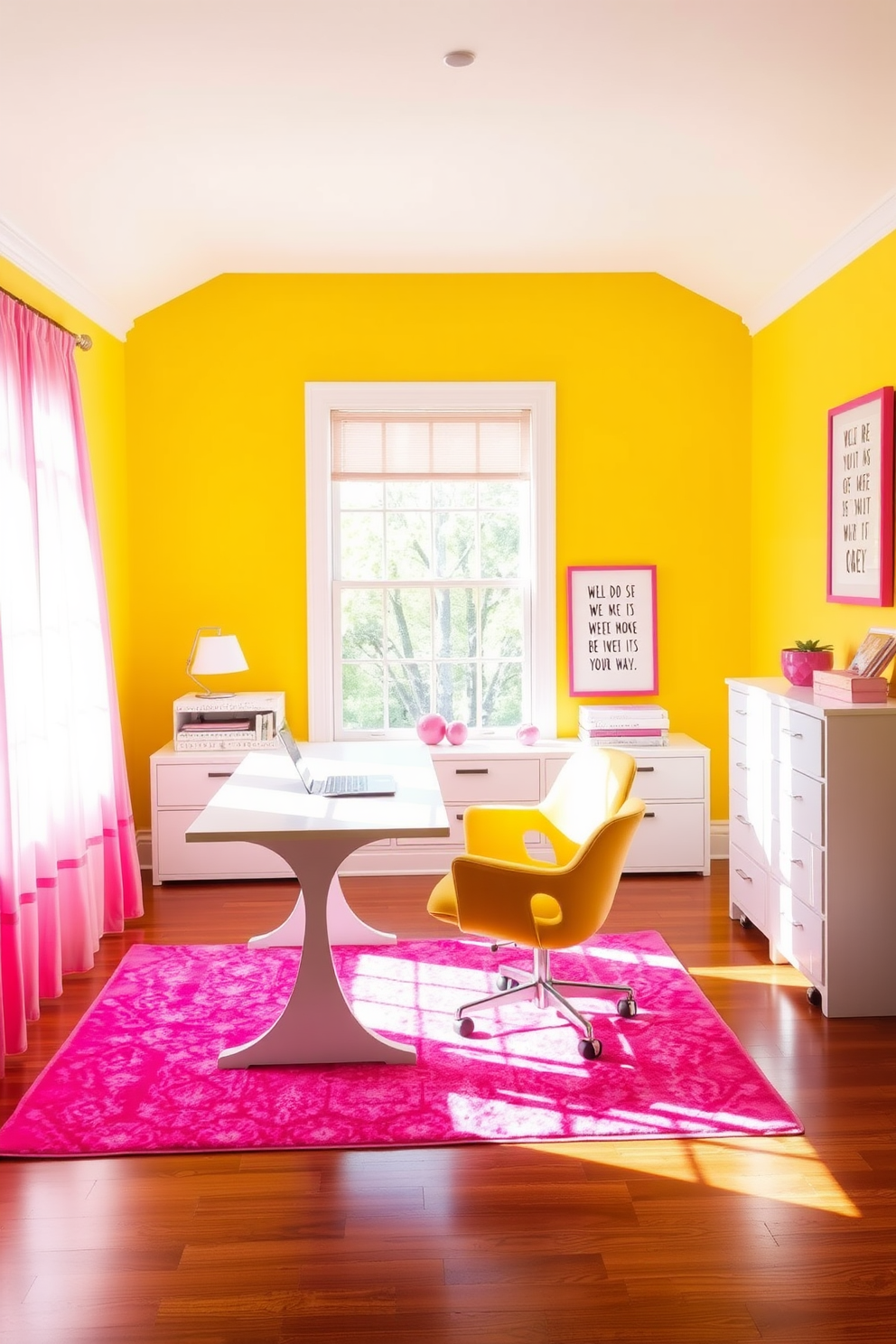 A bright and inviting home office featuring a yellow accent wall paired with pink decor elements. The desk is a sleek white with pink accents, complemented by a comfortable yellow chair. Natural light floods the room through large windows adorned with sheer pink curtains. A vibrant pink rug adds warmth to the polished wooden floor, while motivational artwork in matching colors decorates the walls.