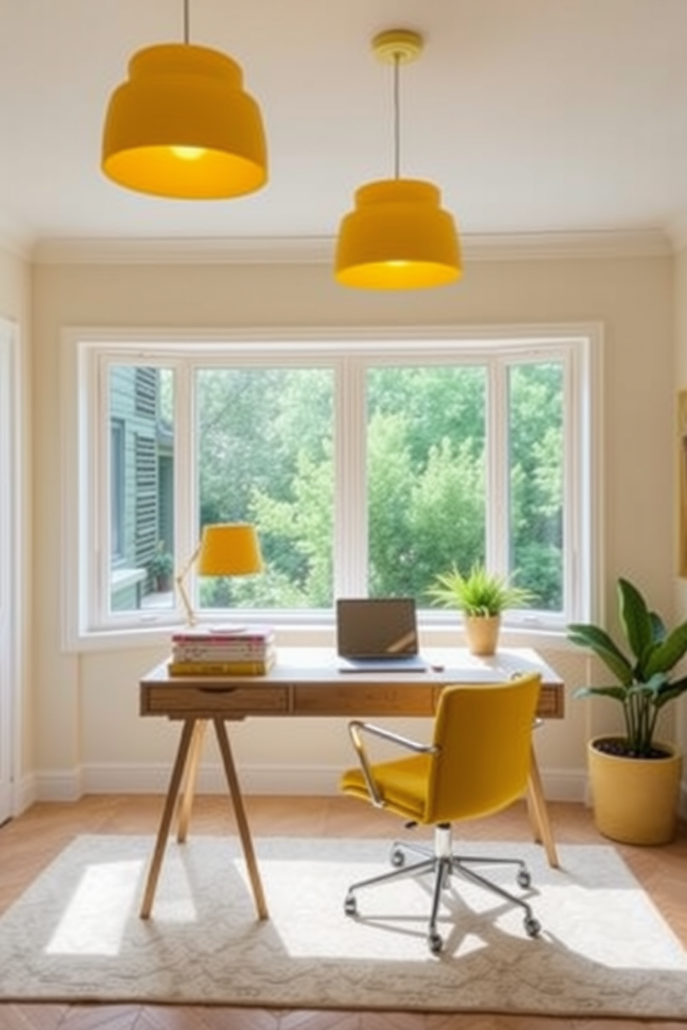 A cozy home office featuring yellow light fixtures that emit a warm glow. The walls are painted in a soft cream color, complementing the yellow accents throughout the room. A stylish desk made of light wood sits in front of a large window, allowing natural light to flow in. A comfortable chair upholstered in a cheerful yellow fabric completes the inviting workspace.