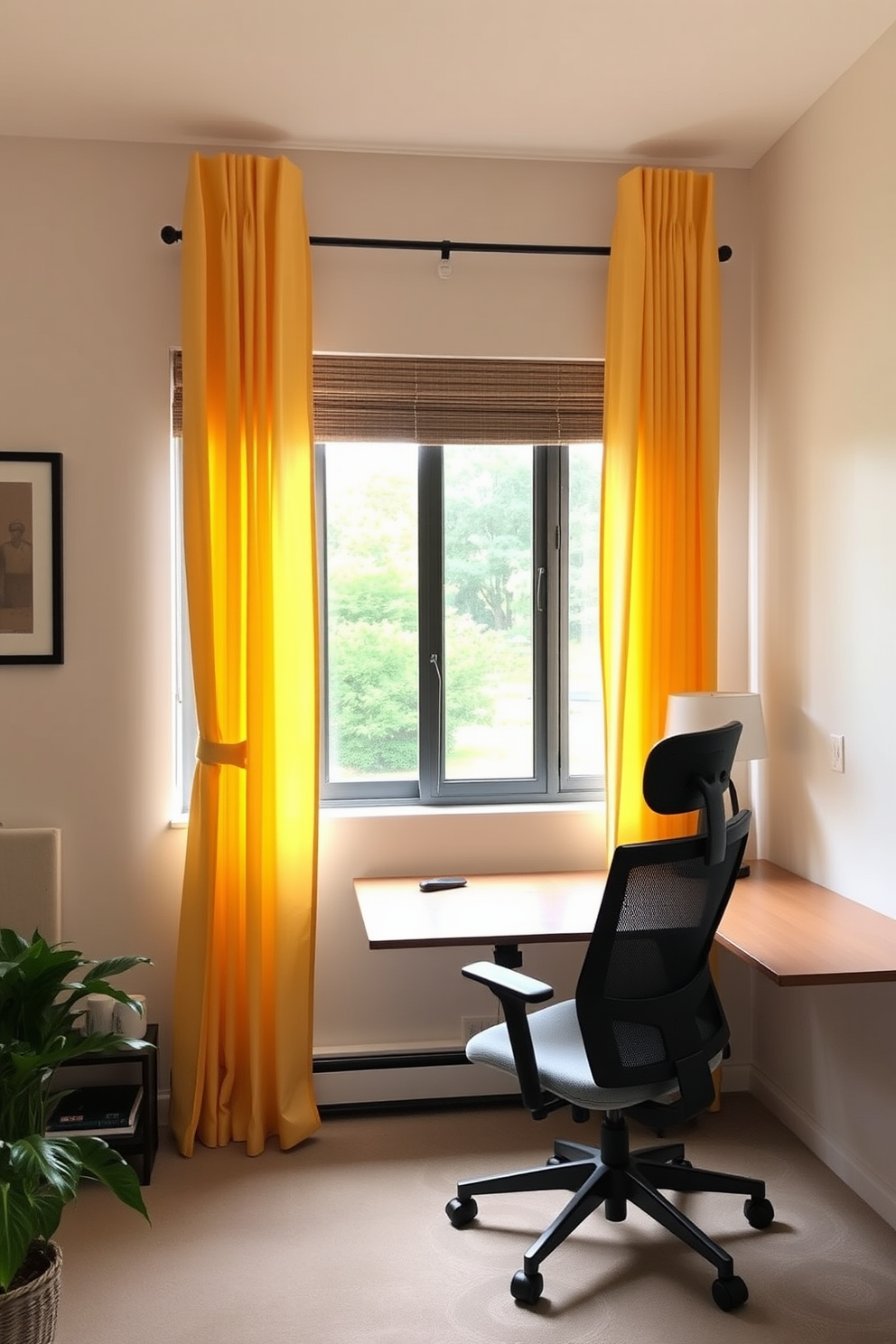 A cozy home office space with soft yellow curtains gently framing the window. The walls are painted in a light neutral shade, complementing a sleek wooden desk and a comfortable ergonomic chair.