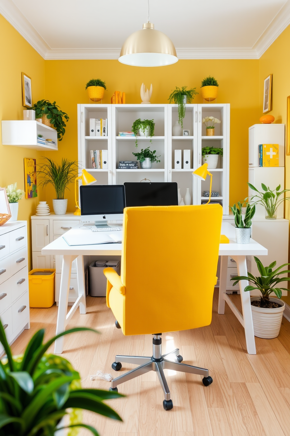 A bright and inviting workspace filled with yellow accents. The walls are painted a soft buttery yellow, and the furniture features a mix of white and yellow tones to create a cheerful atmosphere. A large desk sits in the center, adorned with a sleek computer and vibrant stationery. A cozy chair in a bold yellow fabric invites creativity, while potted plants add a touch of greenery to the space.