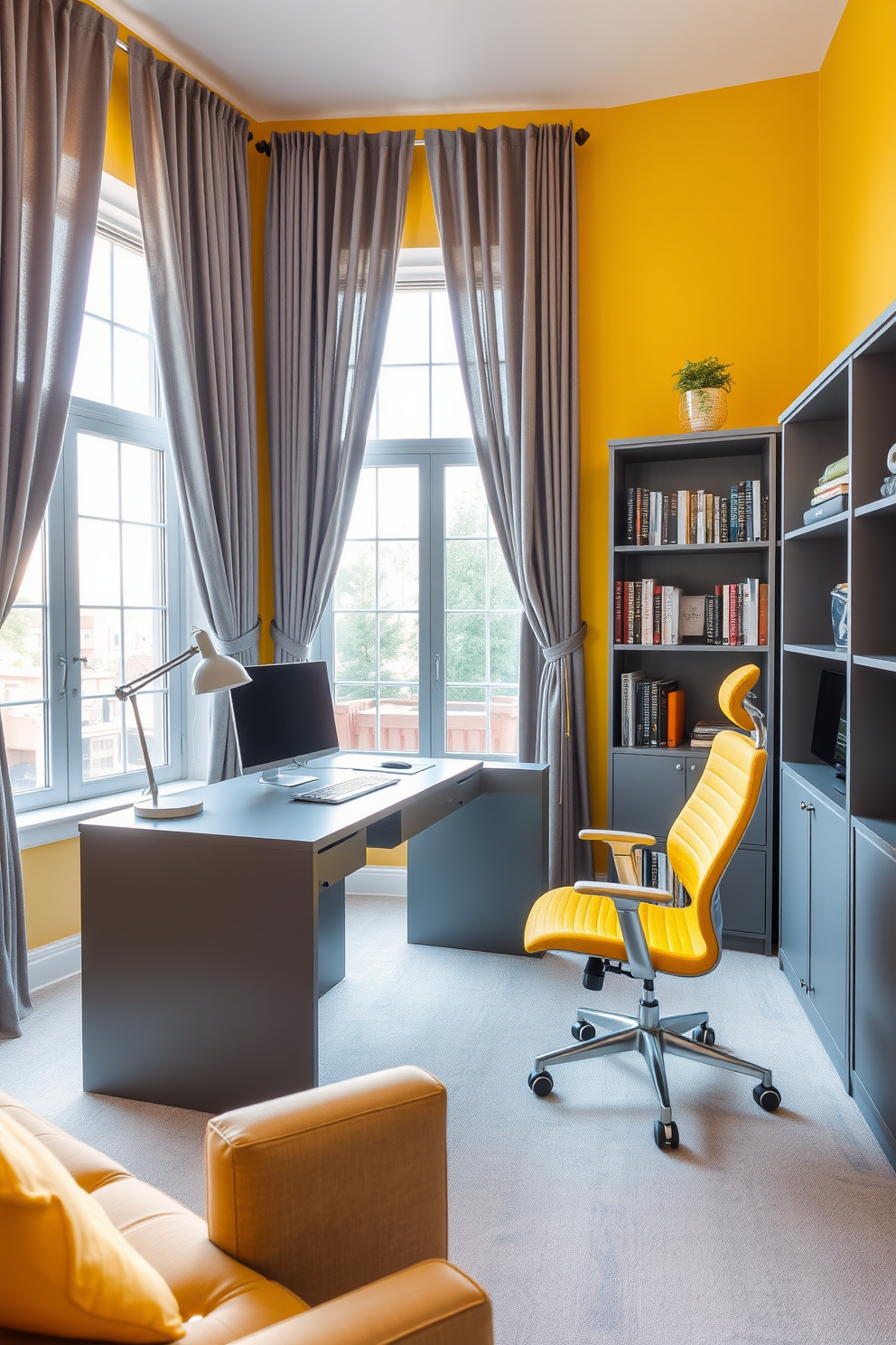 A bright and inviting home office features a yellow accent wall that energizes the space. The furniture includes a sleek gray desk paired with a comfortable yellow ergonomic chair, creating a harmonious balance. Natural light floods the room through large windows adorned with gray curtains. A stylish bookshelf in gray holds an array of books and decorative items, enhancing the overall aesthetic.