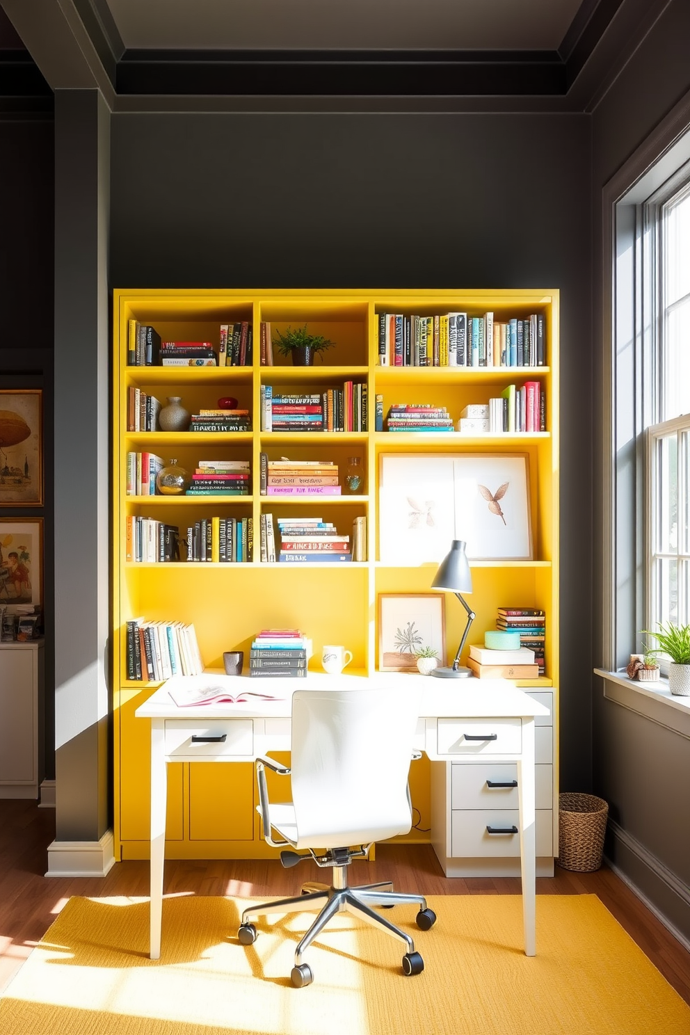 A bright home office featuring a yellow patterned rug that adds warmth to the space. The walls are painted in a soft white, and a sleek wooden desk is positioned near a large window for natural light. A comfortable ergonomic chair is paired with the desk, and shelves filled with books and decorative items line the walls. A potted plant sits in the corner, bringing a touch of greenery to the cheerful atmosphere.