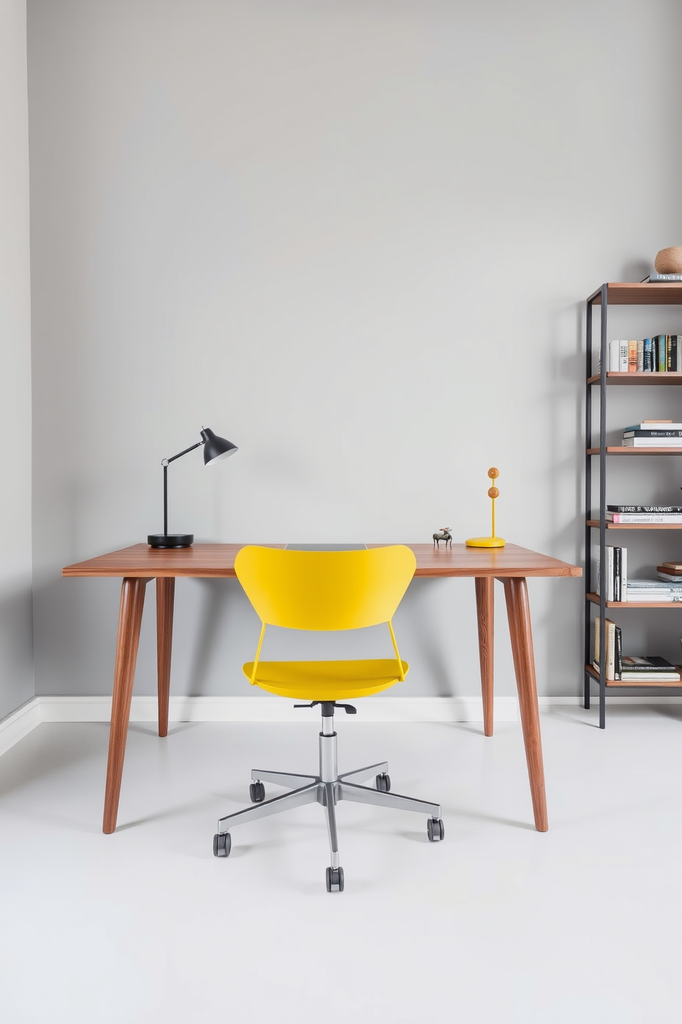 A modern home office featuring a sleek wooden desk with a minimalist design. A vibrant yellow office chair adds a pop of color, complementing the neutral tones of the room. The walls are painted in a soft gray, creating a calming atmosphere. A stylish bookshelf filled with books and decorative items stands against one wall, enhancing the overall aesthetic.