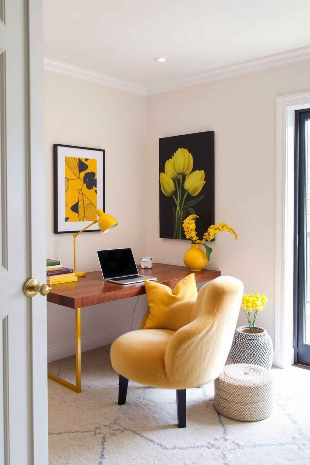 A cozy home office space with neutral walls that create a calm atmosphere. Bright yellow decor accents such as a plush chair and vibrant artwork add a cheerful touch to the room.