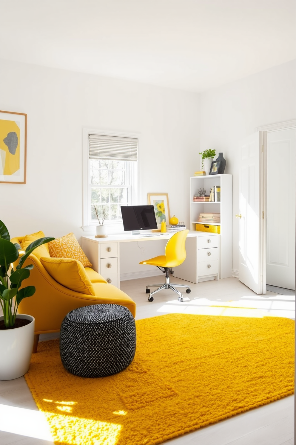 A bright home office space featuring a vibrant yellow rug that adds warmth and cheer to the floor. The walls are painted in a soft white, creating a fresh backdrop for stylish yellow accents in the furniture and decor.