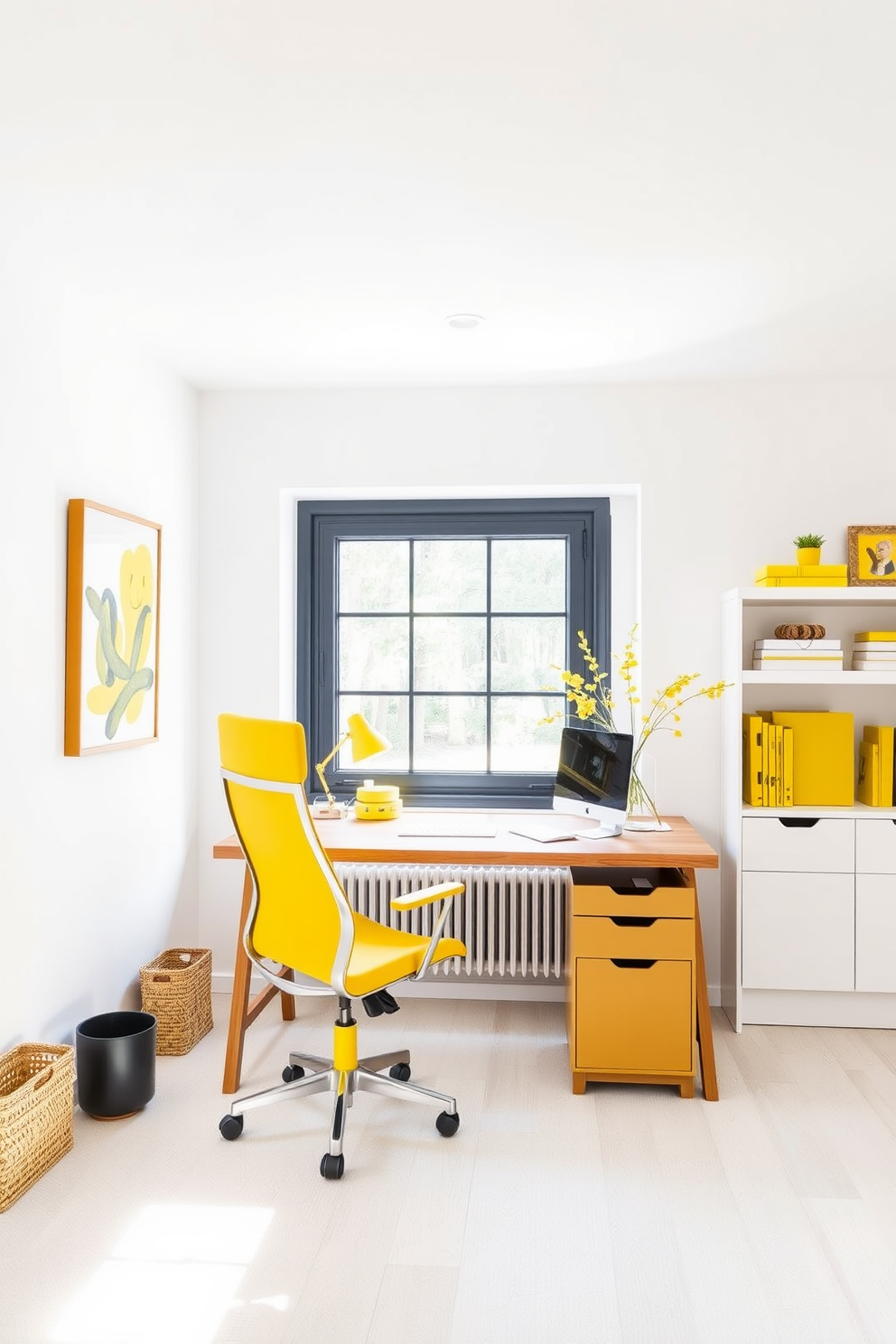 A bright and cheerful home office featuring yellow artwork that adds a pop of color to the space. The walls are painted in a soft white, creating a fresh backdrop for the vibrant yellow accents throughout the room. A sleek wooden desk is positioned in front of a large window, allowing natural light to flood in. A comfortable ergonomic chair in a complementary color invites productivity and creativity.