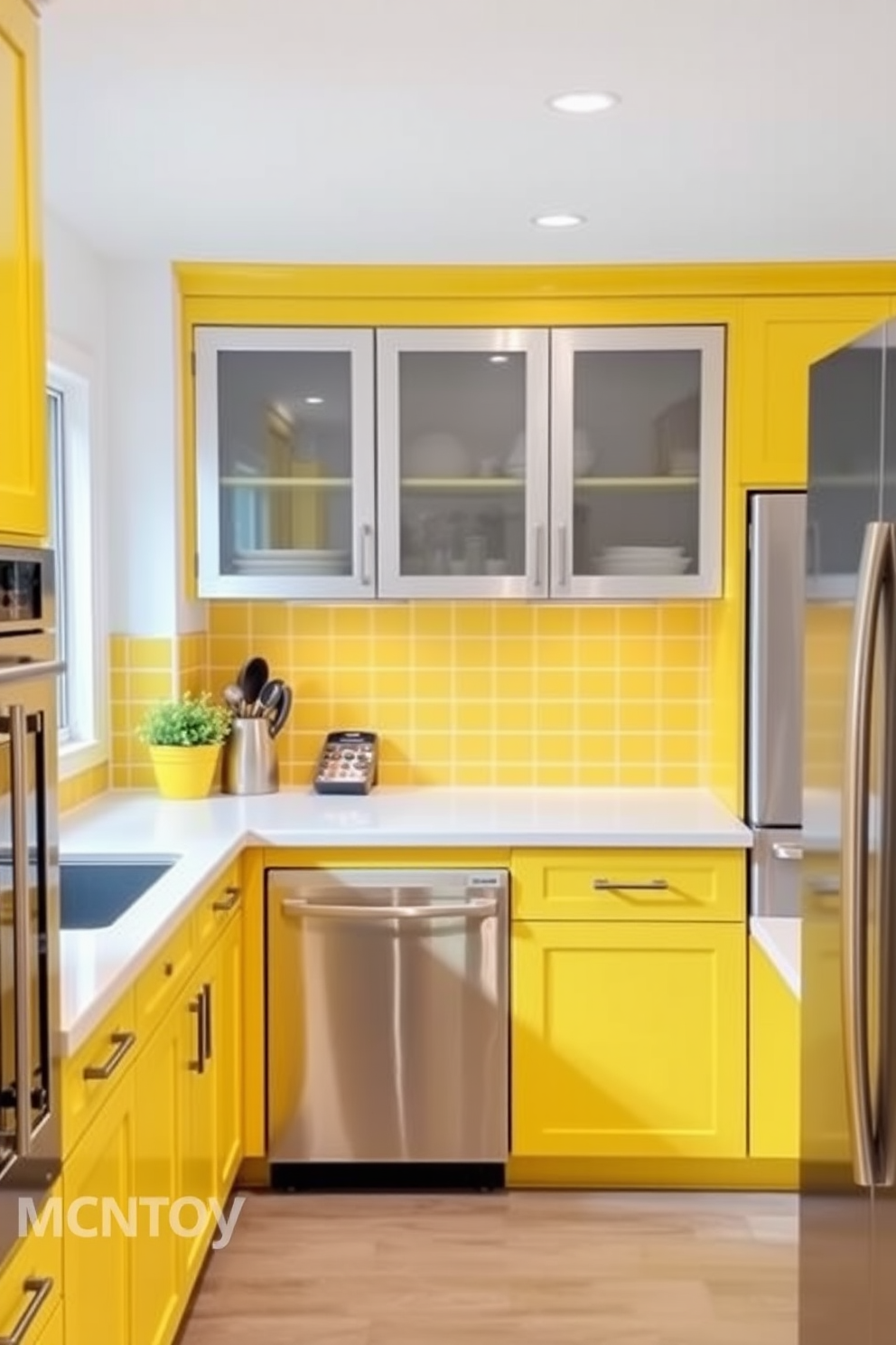 Bright yellow cabinets with white countertops create a vibrant and cheerful atmosphere in the kitchen. The space is complemented by stainless steel appliances and a stylish backsplash that adds a modern touch.