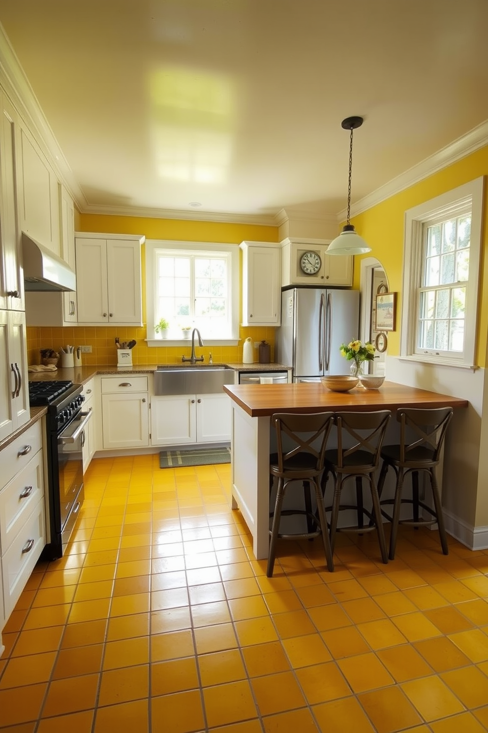 A bright and cheerful kitchen featuring yellow and gray patterned rugs that add warmth and style to the space. The cabinetry is a soft gray with sleek hardware, complemented by a vibrant yellow backsplash that enhances the overall aesthetic. The kitchen island is topped with a white quartz countertop, providing ample space for meal preparation and casual dining. Pendant lights with a modern design hang above the island, casting a warm glow over the inviting atmosphere.