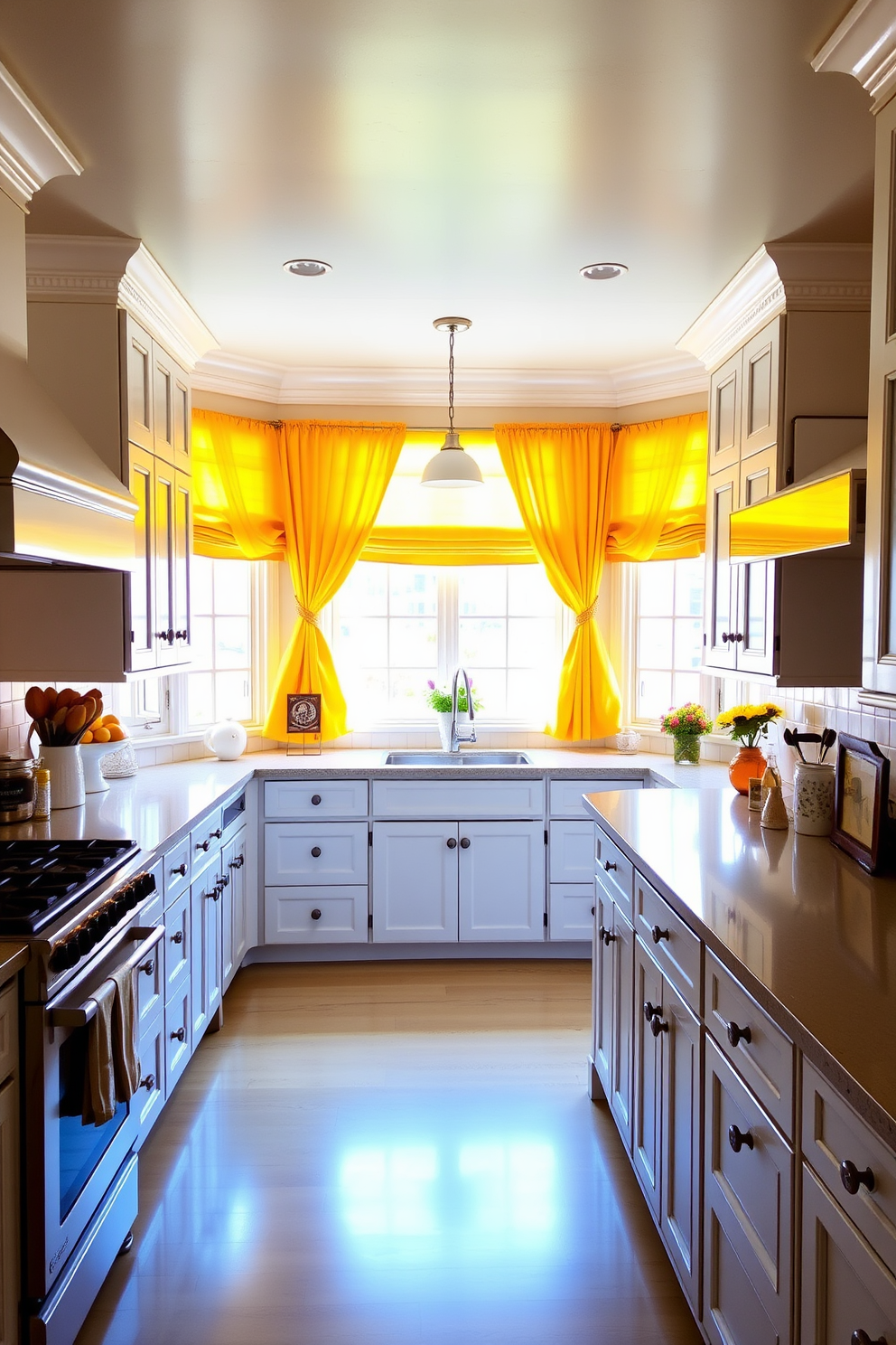 A bright and cheerful kitchen featuring sunny yellow curtains that add a vibrant pop of color. The kitchen is designed with white cabinetry, a spacious island, and stainless steel appliances, creating a warm and inviting atmosphere.