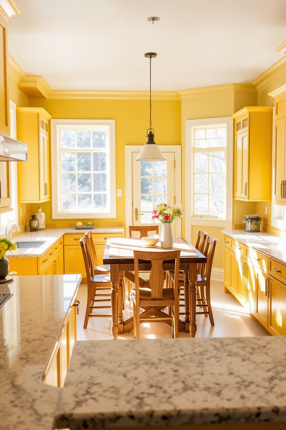 Bright yellow dining chairs surround a sleek wooden table set against a backdrop of soft white walls. The kitchen features bright yellow cabinetry with modern hardware, creating a cheerful and inviting atmosphere.