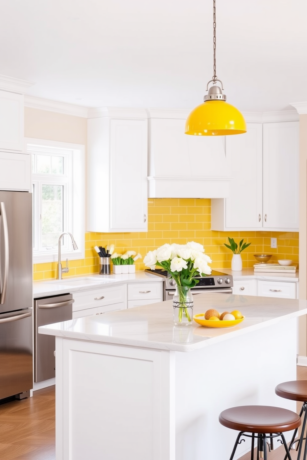 Brighten up the kitchen space with vibrant yellow pendant lights that hang gracefully above the island. The kitchen features sleek white cabinetry paired with a striking yellow backsplash, creating a cheerful and inviting atmosphere.