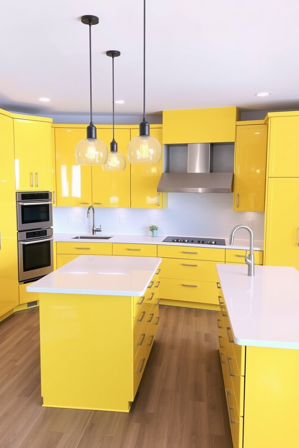 A bright and inviting kitchen featuring glossy yellow cabinets that create a modern and cheerful atmosphere. The countertops are made of sleek white quartz, providing a striking contrast to the vibrant cabinetry. The kitchen island is spacious and topped with matching quartz, offering additional prep space and casual seating. Stylish pendant lights hang above the island, illuminating the area with a warm glow.