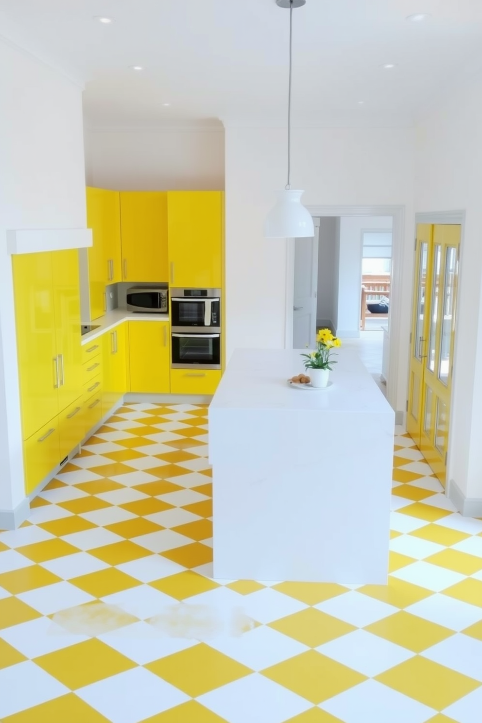 A bright and cheerful kitchen features yellow and white checkerboard flooring that adds a playful touch to the space. The walls are painted in a soft white hue, complementing the vibrant flooring and creating an inviting atmosphere. The kitchen showcases sleek yellow cabinets with modern hardware, providing ample storage and a pop of color. A large island with a white countertop serves as a focal point, perfect for meal preparation and casual dining.