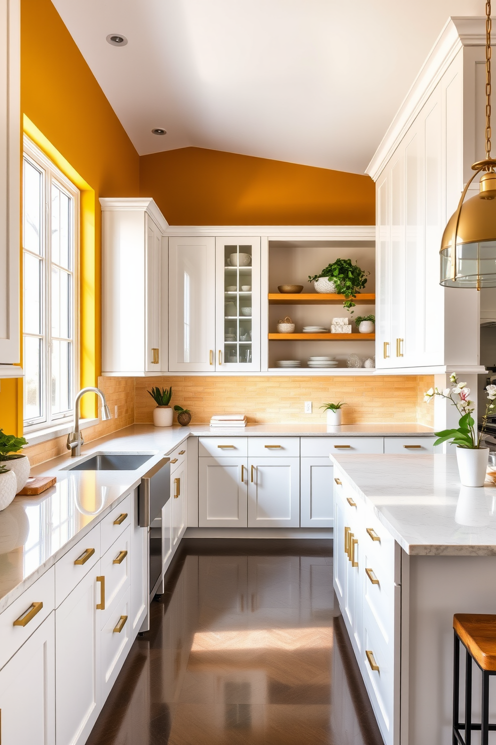 A modern kitchen featuring glossy yellow cabinets that create a vibrant and sleek atmosphere. The cabinets are paired with a white marble countertop and stainless steel appliances for a contemporary touch. The backsplash is adorned with geometric tiles in shades of gray and white, adding depth to the design. A large island with bar stools provides additional seating and serves as a focal point in the space.