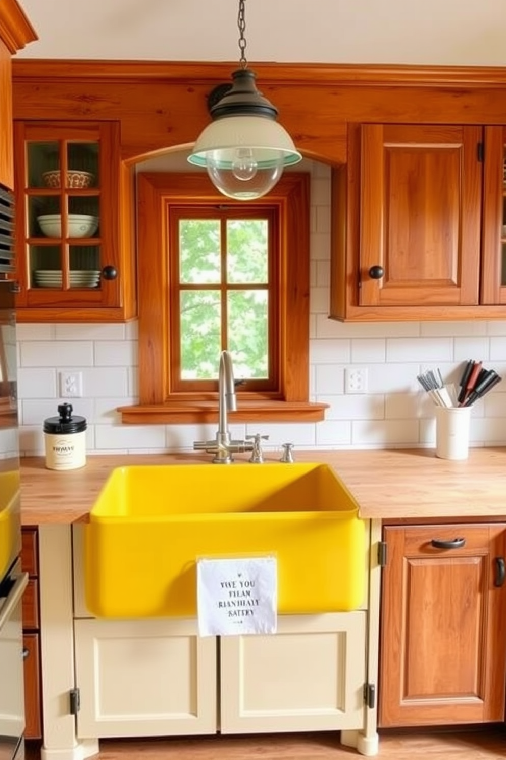 Farmhouse style yellow cabinets with wood accents create a warm and inviting atmosphere. The kitchen features a large island with a rustic wooden top and comfortable bar stools for casual dining. Open shelving displays charming dishware and mason jars filled with ingredients. A farmhouse sink is centered under a window, allowing natural light to illuminate the space.