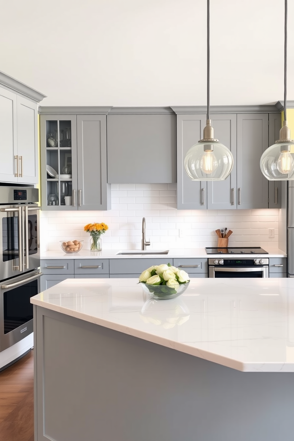 A bright and inviting kitchen featuring soft buttercup walls that create a warm atmosphere. Gray accents are incorporated through sleek cabinetry and modern appliances, enhancing the overall aesthetic. The kitchen island is topped with a beautiful white quartz countertop, providing ample space for meal preparation and casual dining. Decorative pendant lights hang above the island, adding a touch of elegance and functionality to the space.