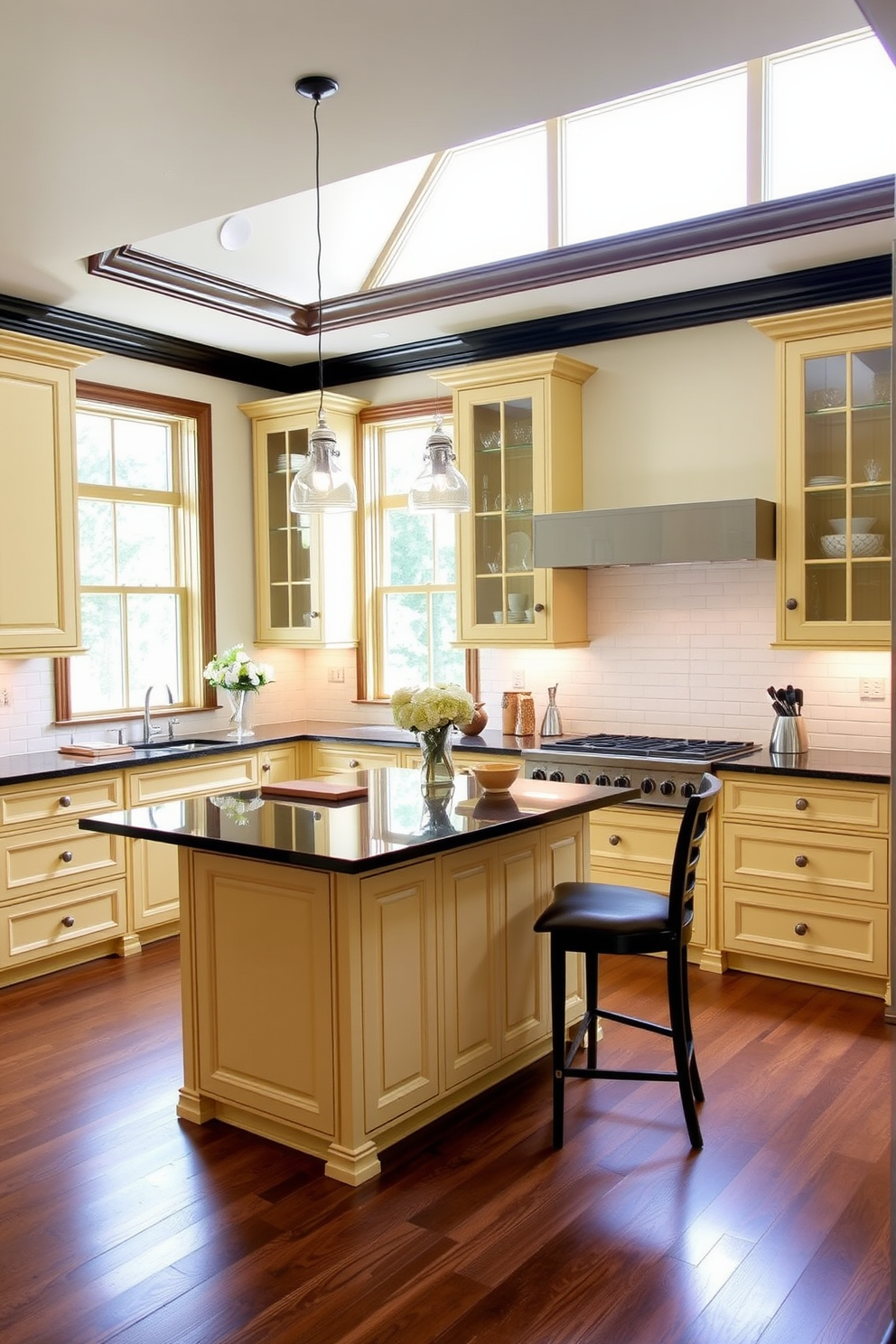 A bright and inviting kitchen featuring pale yellow cabinets that exude warmth and charm. The dark countertops provide a striking contrast, enhancing the overall elegance of the space. Natural light floods the room through large windows, illuminating the cheerful cabinetry. A stylish island with bar seating complements the design, creating a perfect spot for casual dining and gatherings.