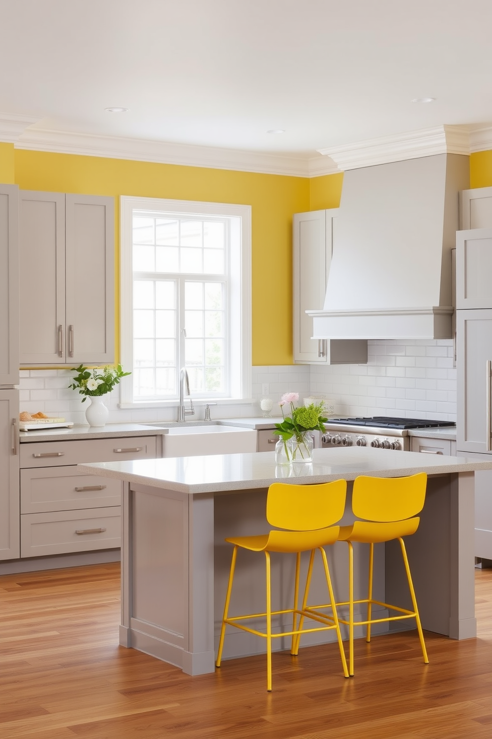 A bright and airy kitchen featuring a yellow and gray color scheme. The cabinets are a soft gray with sleek handles, while the walls are painted a cheerful yellow that adds warmth to the space. A large island with a gray countertop serves as the centerpiece, surrounded by stylish yellow bar stools. Natural light floods the room through large windows, highlighting the elegant backsplash of white subway tiles.