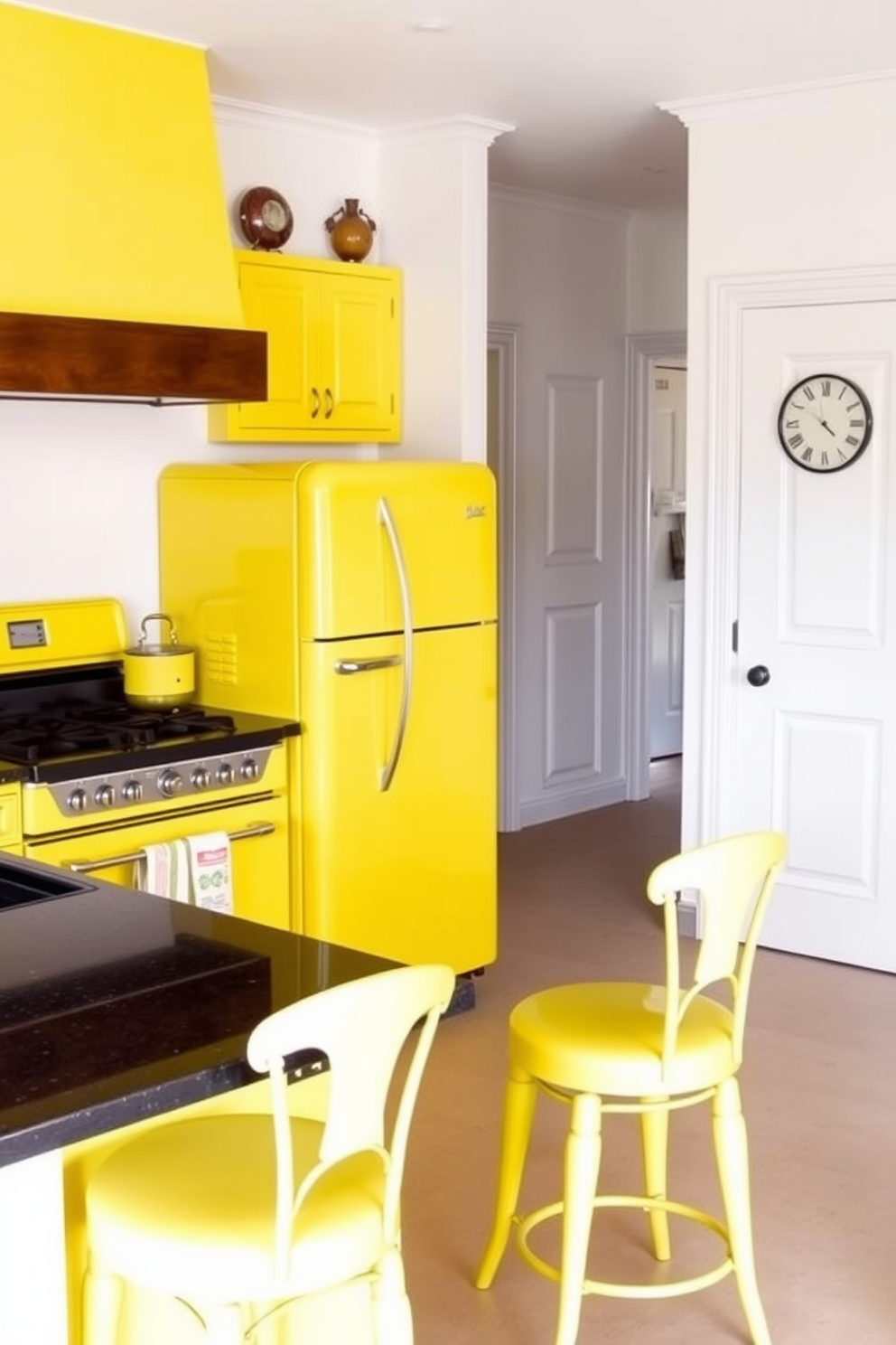 A bright yellow refrigerator and stove create a cheerful retro vibe in this kitchen. The walls are painted in a soft white to enhance the brightness of the yellow appliances. The countertops are a sleek black granite, providing a striking contrast to the yellow elements. Vintage-style bar stools in a complementary color are placed at the kitchen island, inviting casual dining.