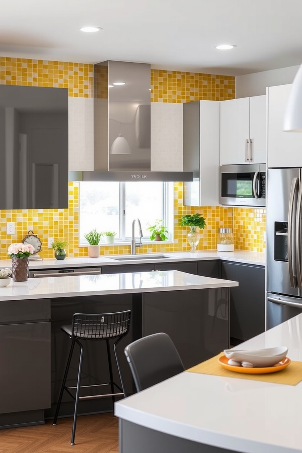 A vibrant kitchen setting featuring yellow mosaic tiles as a unique backsplash. The cabinetry is sleek and modern with a glossy finish, complemented by stainless steel appliances and a spacious island in the center. The countertops are made of white quartz, providing a bright contrast to the yellow tiles. Decorative elements include potted herbs on the windowsill and stylish bar stools at the island for a welcoming atmosphere.