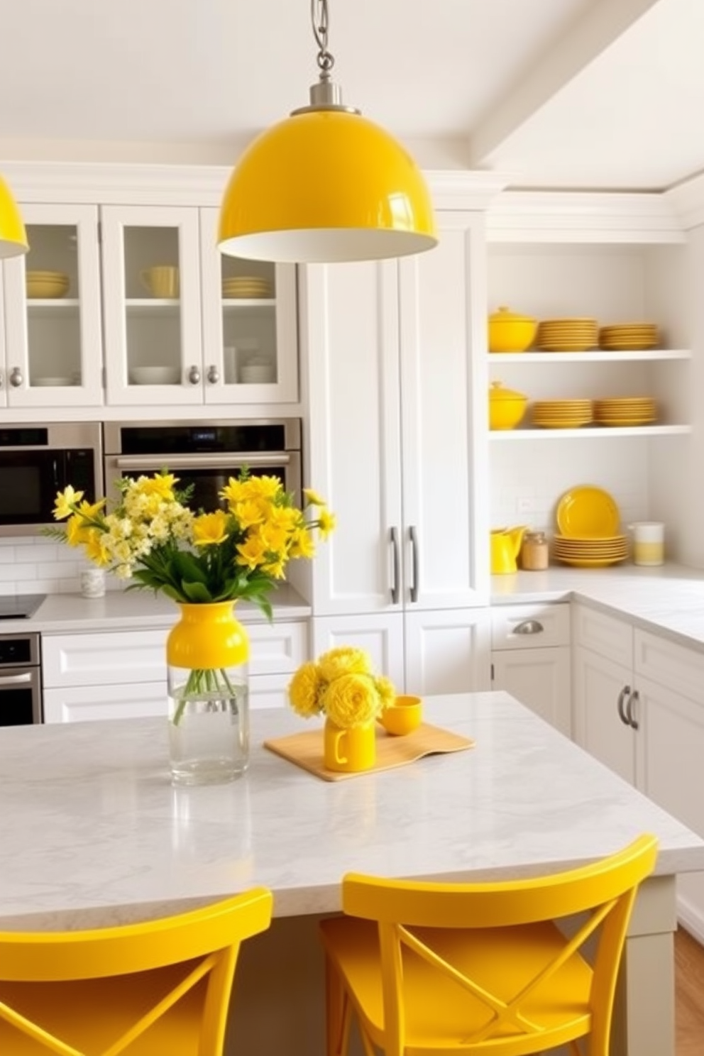 A bright and cheerful kitchen featuring sunny yellow decor accents that create a warm and inviting atmosphere. The cabinets are painted in a soft white, while yellow bar stools complement the kitchen island, adding a pop of color to the space. The countertops are made of light gray stone, providing a beautiful contrast to the yellow accents. Fresh flowers in a yellow vase sit on the island, and yellow dishware is displayed on open shelves, enhancing the overall aesthetic.