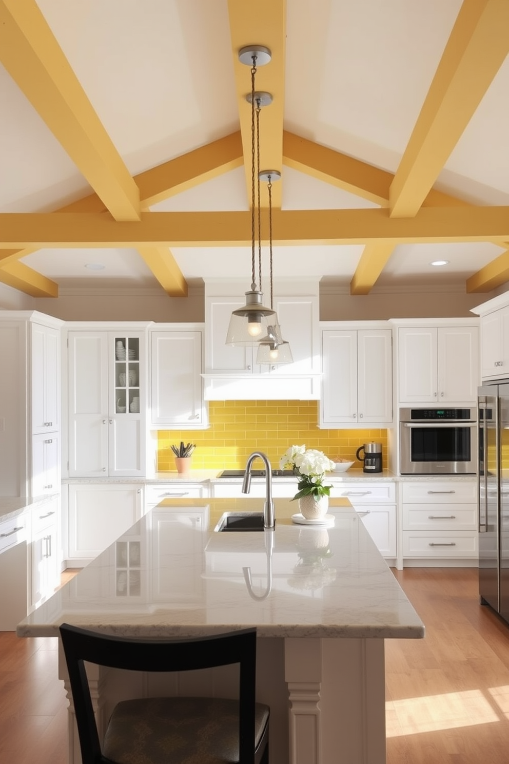 A bright and cheerful kitchen featuring yellow accessories that enhance functionality. The cabinets are a crisp white, while yellow accents like canisters, dish towels, and a vibrant fruit bowl add a pop of color. The countertops are a sleek gray, providing a modern contrast to the warm yellow tones. Open shelving displays stylish yellow dishes and cookbooks, creating an inviting and organized space.