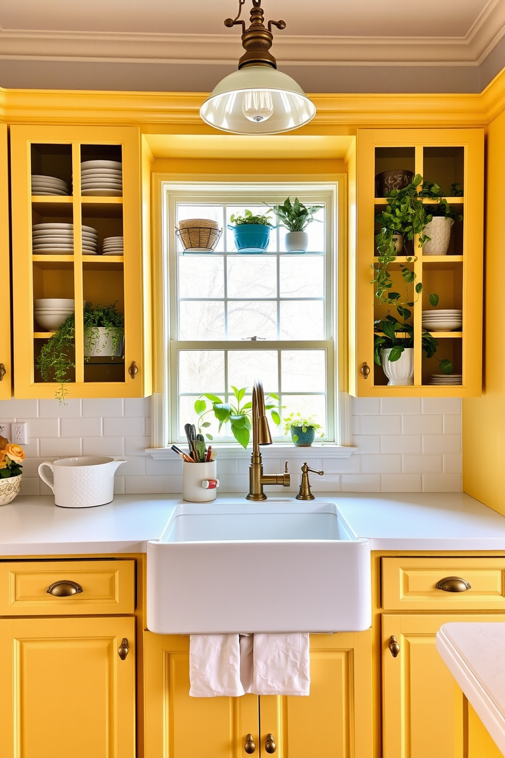 Light yellow painted furniture brings a charming and cheerful vibe to the kitchen. The cabinets are complemented by white countertops and brass hardware, creating a warm and inviting atmosphere. Incorporate open shelving to display colorful dishware and plants. A farmhouse sink and a vintage-inspired light fixture enhance the overall aesthetic of the space.