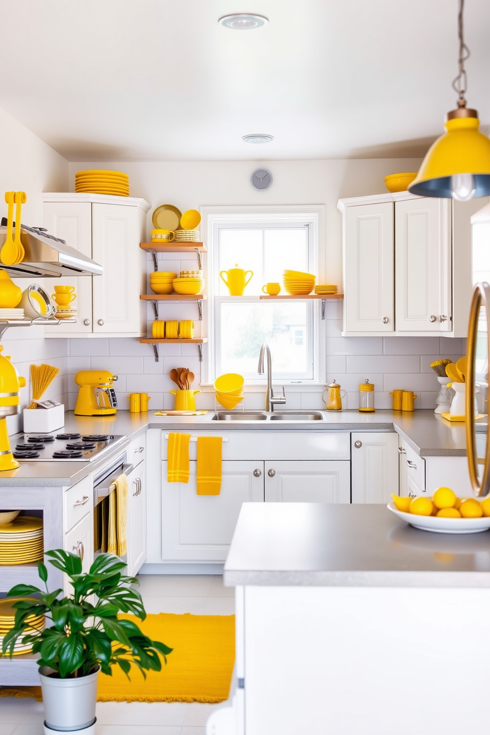 A bright yellow open shelving unit is mounted on the wall, showcasing an array of colorful display items including cookbooks, decorative jars, and potted plants. The kitchen features sleek white cabinetry and a spacious island with bar stools, creating an inviting atmosphere for cooking and entertaining. The countertops are made of polished quartz, complementing the vibrant yellow shelves, while the backsplash is adorned with white subway tiles for a clean look. Natural light floods the space through large windows, enhancing the cheerful ambiance of this yellow kitchen design.