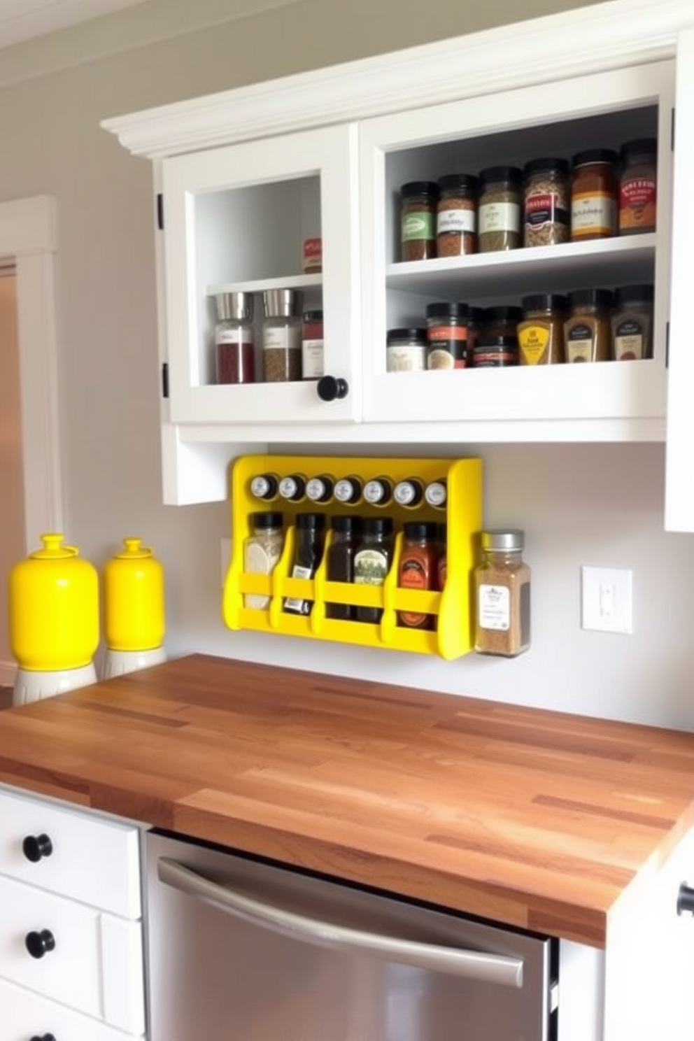 A bright and cheerful kitchen features a sunshine yellow sink paired with a sleek modern faucet. The cabinetry is painted in soft white, creating a fresh contrast that enhances the vibrant yellow accents throughout the space.