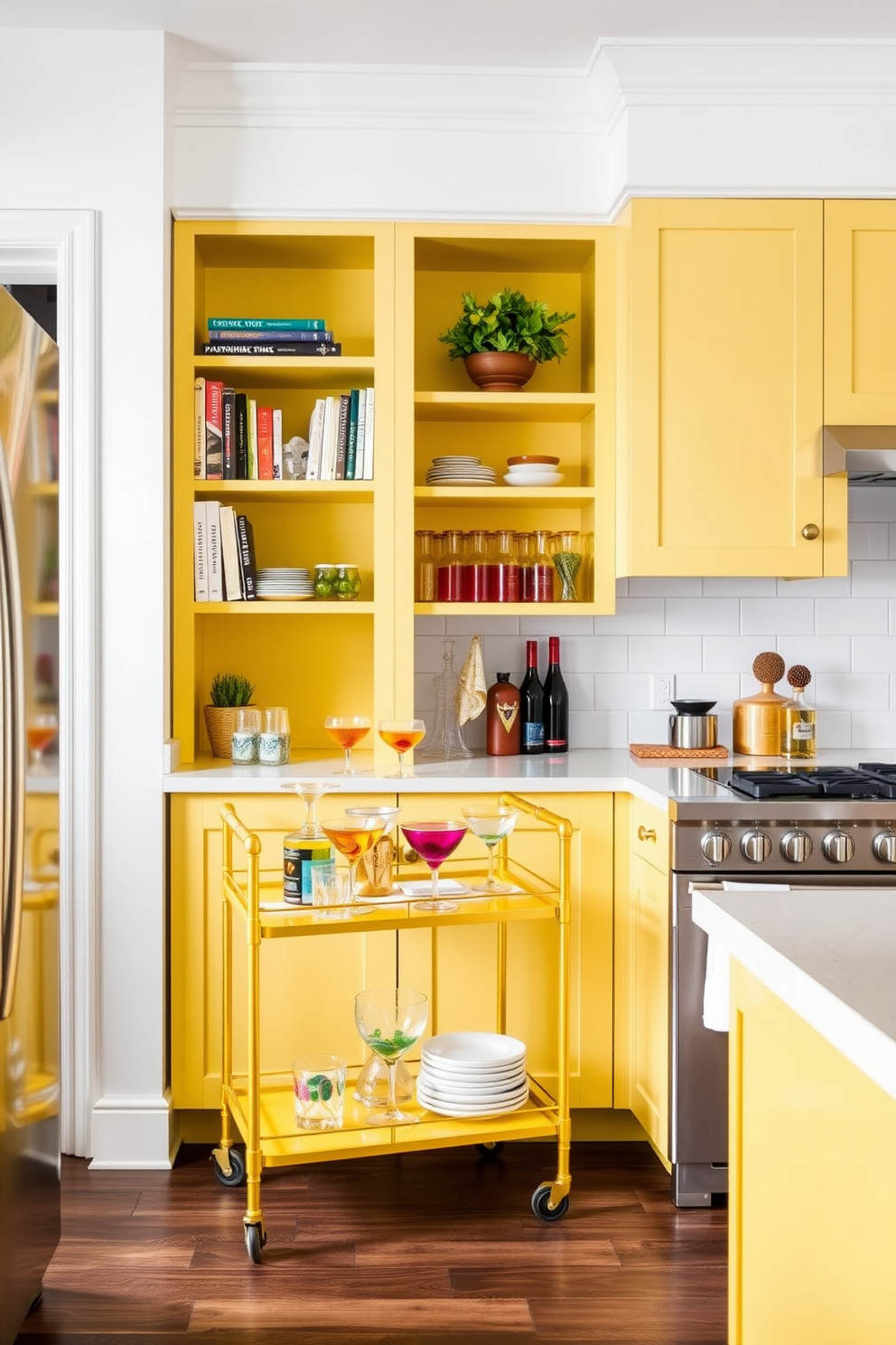 A vibrant yellow bar cart stands elegantly in the corner of the kitchen, showcasing an array of colorful glassware and cocktail essentials. The cart features sleek gold accents and is complemented by a backdrop of open shelving filled with neatly arranged cookbooks and decorative plants. The kitchen design incorporates a cheerful yellow color palette, with cabinets painted in a soft butter yellow. Stainless steel appliances and a white subway tile backsplash provide a modern contrast, creating a bright and inviting cooking space.