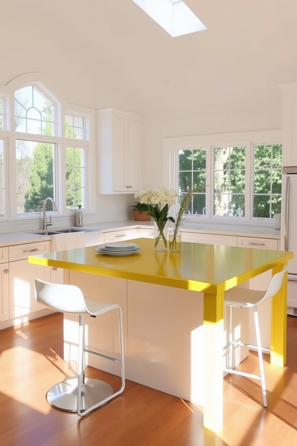 A vibrant yellow kitchen island stands at the center of the space, surrounded by sleek bar stools that invite social gatherings. The cabinetry is a soft white, complementing the bold yellow and creating a cheerful atmosphere filled with natural light.