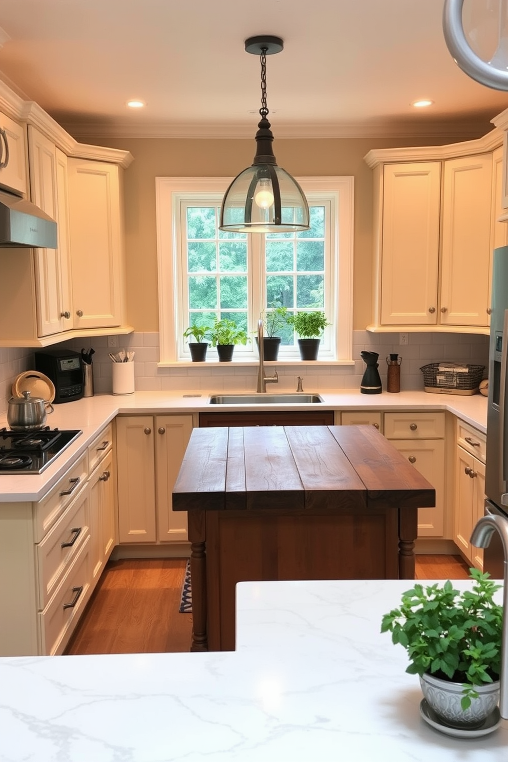 A cozy kitchen setting illuminated by soft yellow lighting creates a warm and inviting atmosphere. The cabinets are painted in a soft cream color, complemented by a rustic wooden island in the center. The countertops are made of white quartz with subtle gray veining, adding elegance to the space. A collection of potted herbs sits on the windowsill, enhancing the kitchen's charm and functionality.