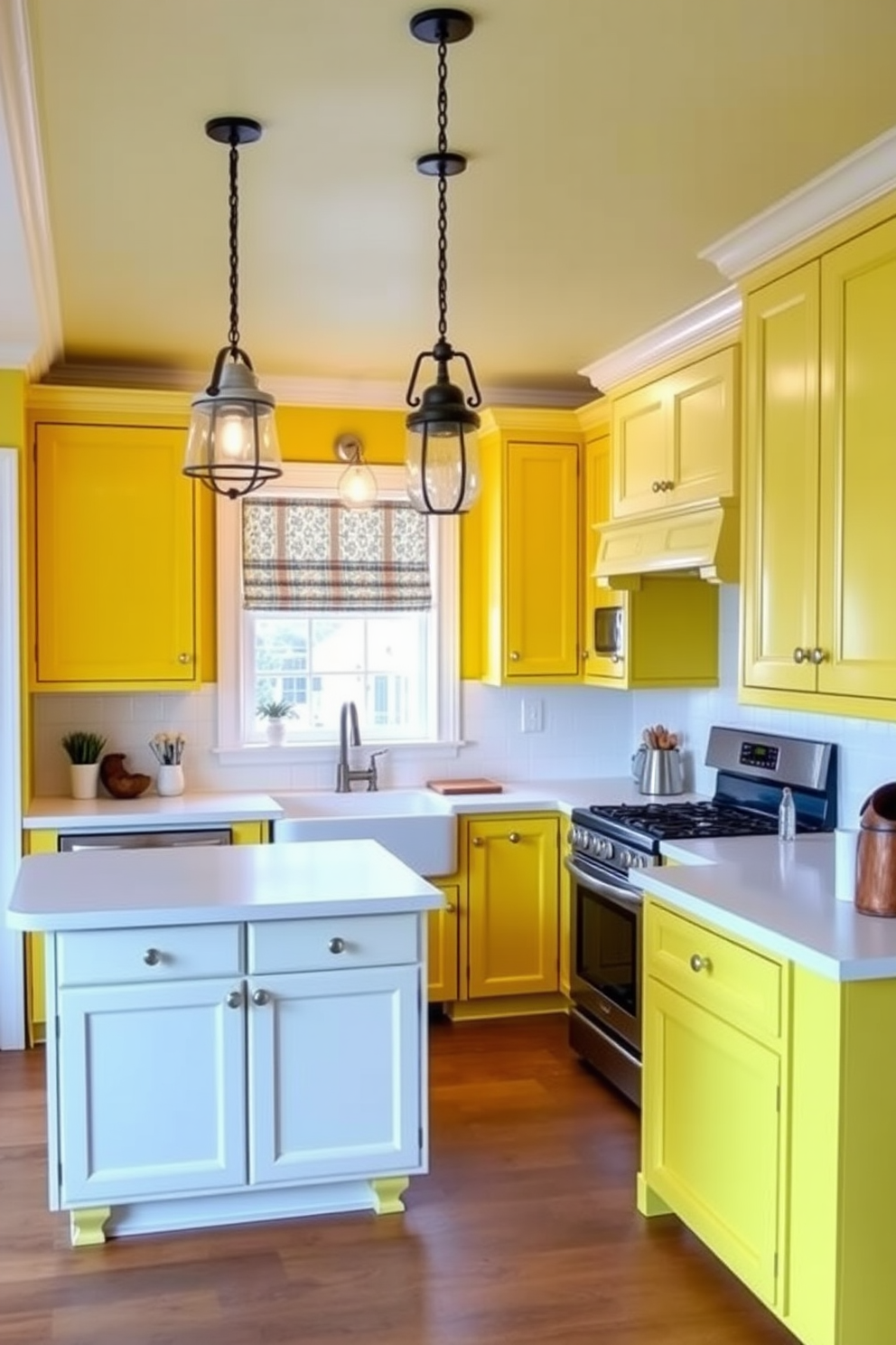 Classic white trim against yellow walls. The kitchen features bright yellow cabinetry with a glossy finish, complemented by white countertops and stainless steel appliances. A large farmhouse sink sits beneath a window, allowing natural light to flood the space. Pendant lights with a vintage design hang above a central island, creating an inviting atmosphere.