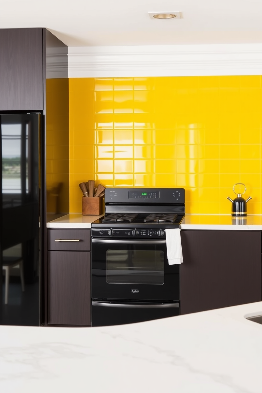 A vibrant kitchen featuring a bold yellow backsplash that adds a pop of color to the space. The sleek black appliances contrast beautifully with the cheerful yellow, creating a modern and stylish atmosphere.