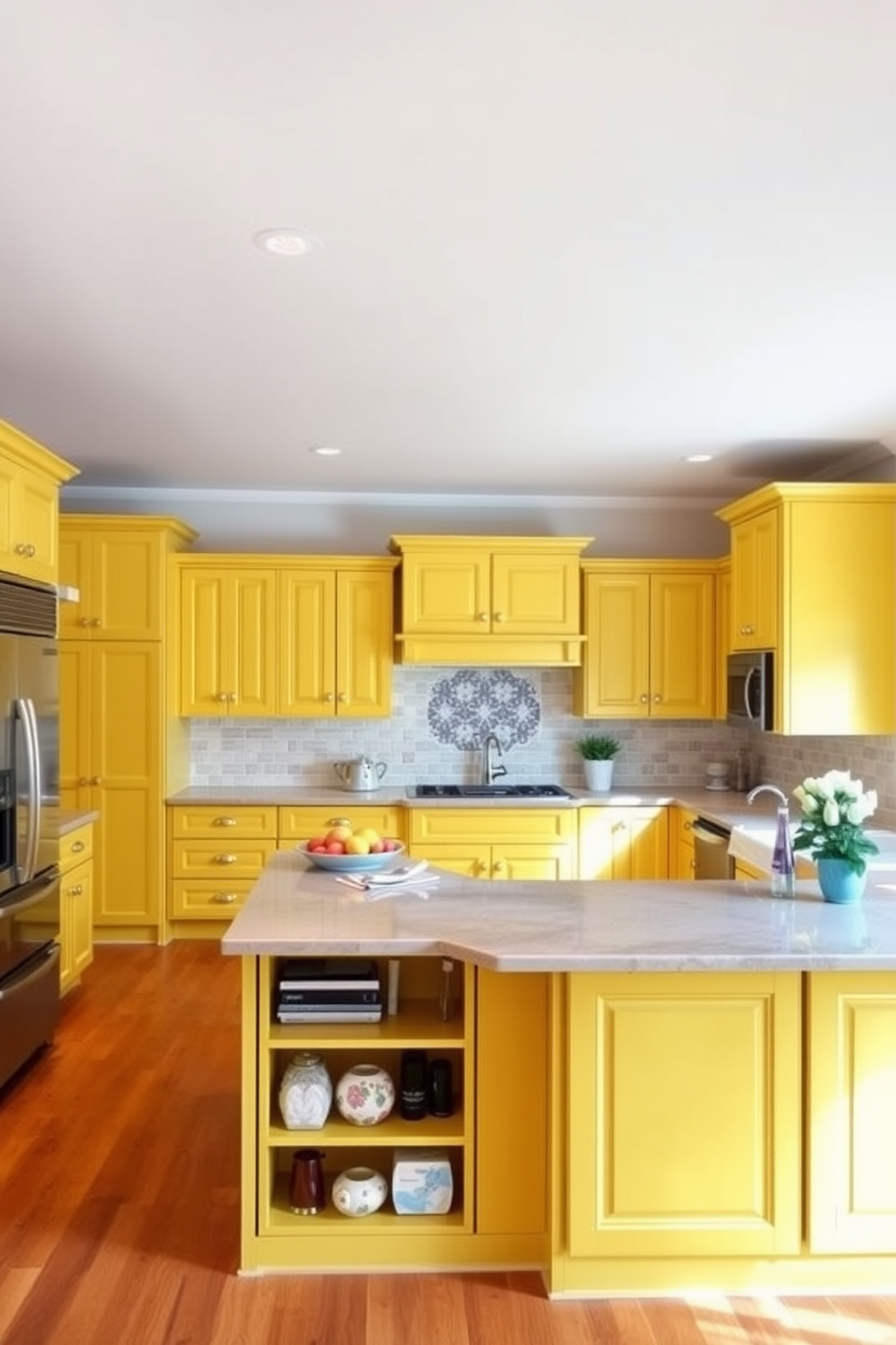 A bright and cheerful kitchen featuring lemon yellow cabinets that create a vibrant focal point. The cabinets are complemented by warm wood tones in the countertops and flooring, creating a harmonious balance. The kitchen includes modern appliances seamlessly integrated into the design. A large island with bar seating invites family and friends to gather, enhancing the welcoming atmosphere.