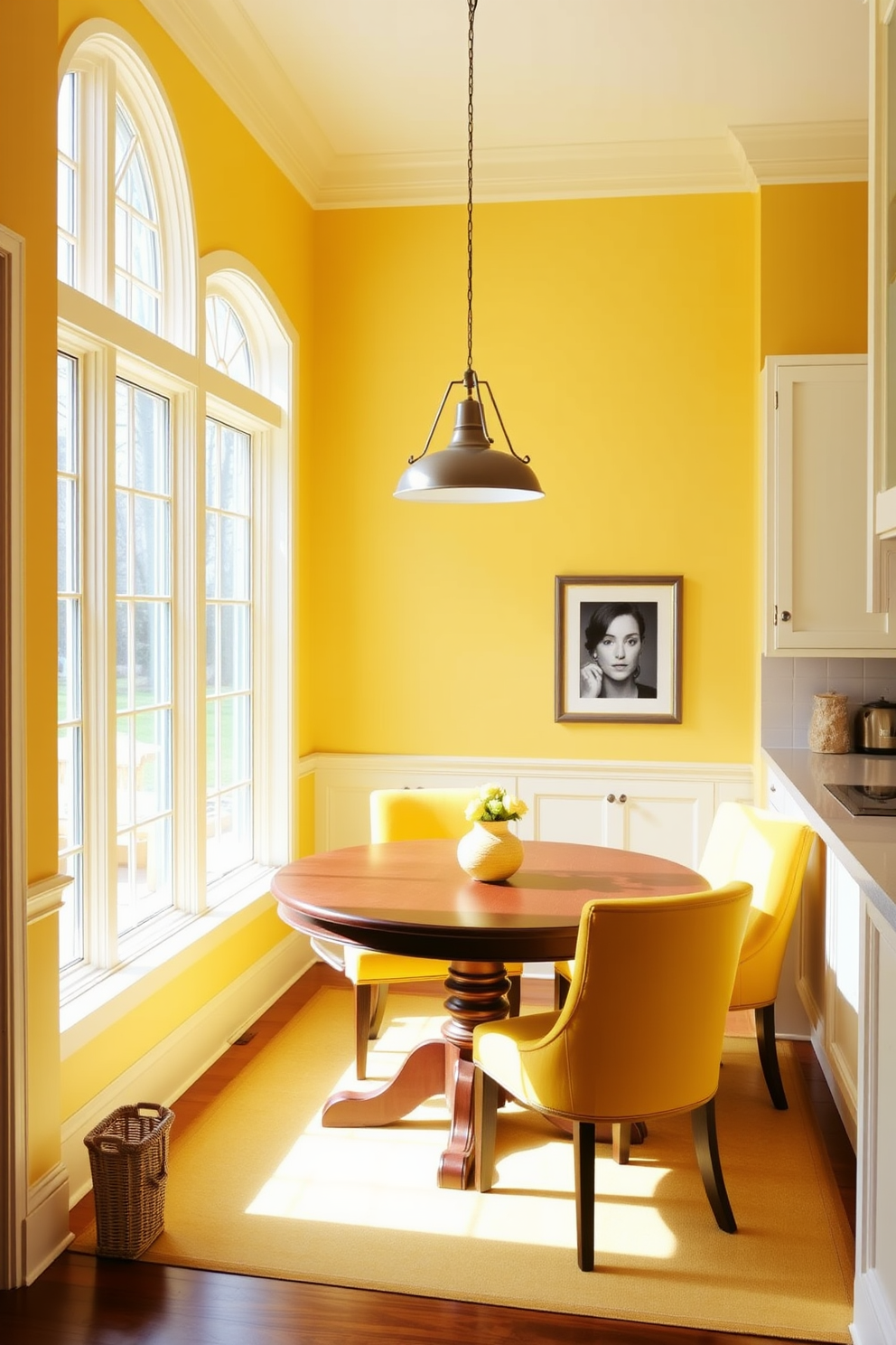 A cheerful yellow dining nook filled with natural light from large windows. The space features a round wooden table surrounded by comfortable upholstered chairs in a vibrant yellow fabric. The walls are painted in a soft buttery yellow, creating a warm and inviting atmosphere. A stylish pendant light hangs above the table, adding a touch of elegance to the cheerful kitchen design.