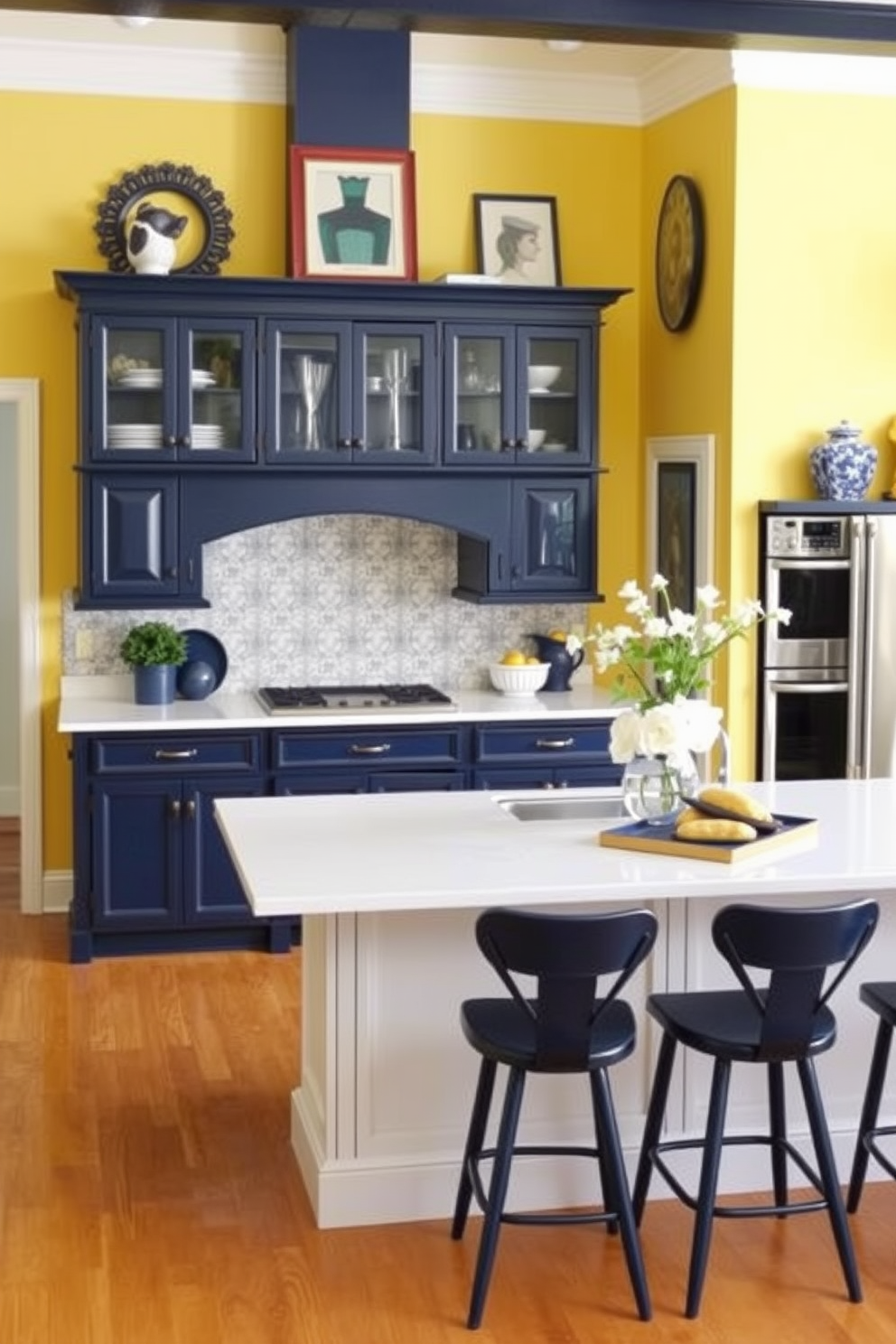 A bright and inviting kitchen with light yellow walls that create a warm atmosphere. Navy blue decor accents the space, featuring cabinetry and decorative elements that add a touch of elegance. The kitchen island is topped with a contrasting white countertop, providing a functional workspace. Stylish bar stools in navy blue are placed around the island, enhancing the room's modern appeal.