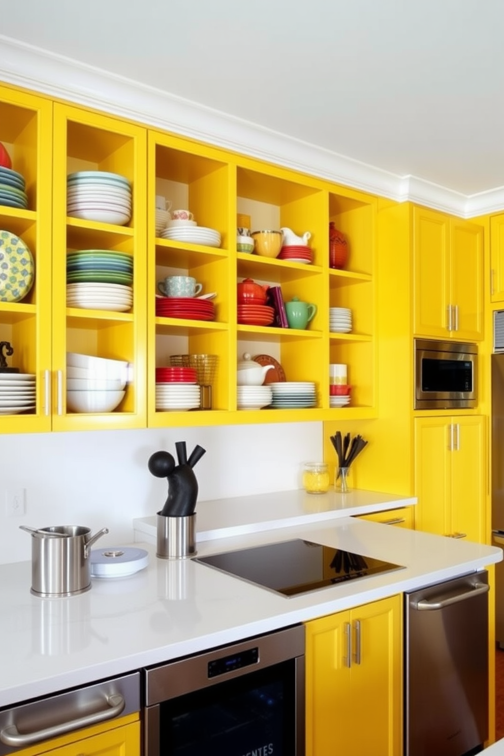 A vibrant yellow kitchen features open shelving that showcases an array of colorful dishware and decorative items. The cabinets are complemented by a sleek white countertop and stainless steel appliances, creating a fresh and inviting atmosphere.