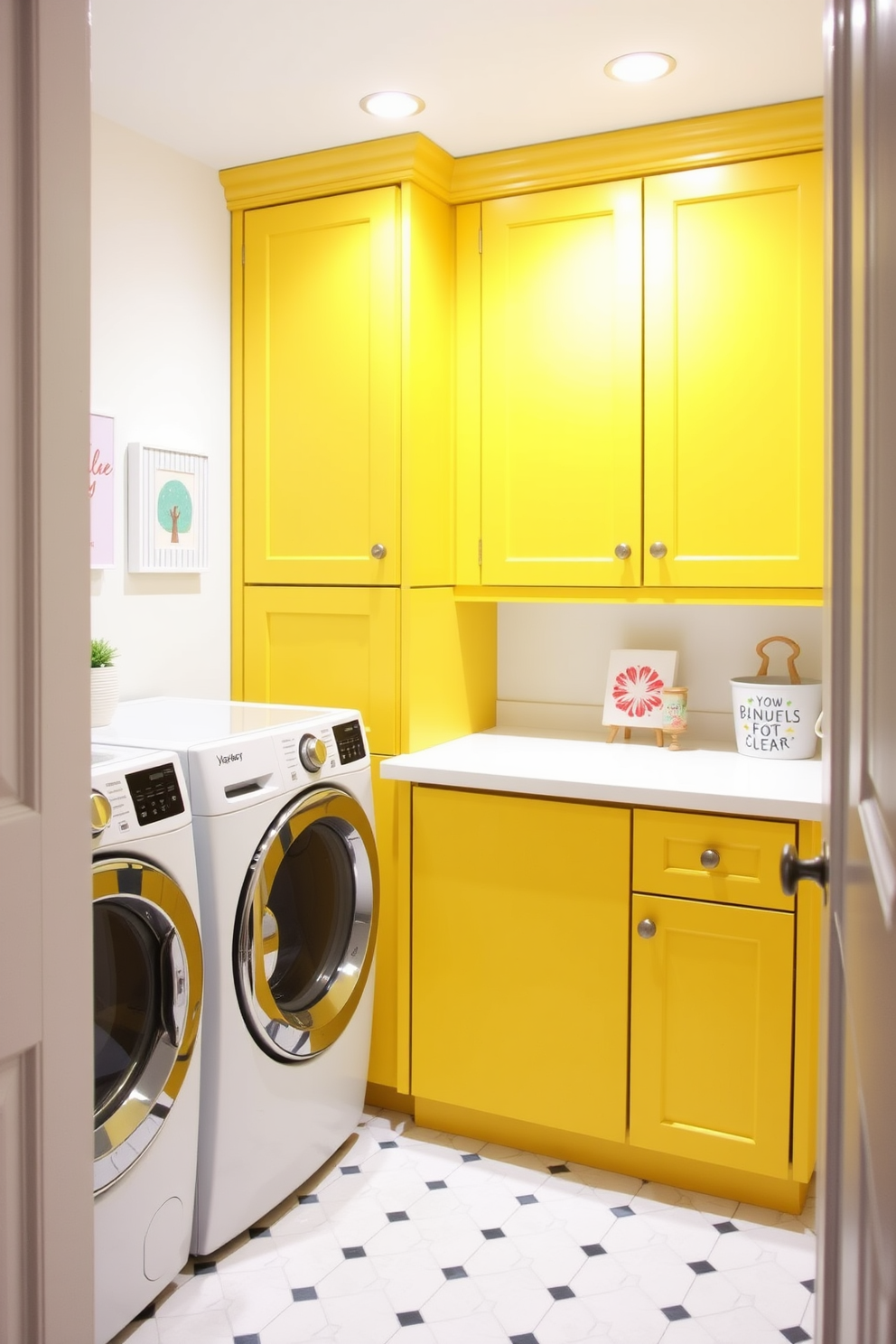 A bright and cheerful laundry room features sunny yellow cabinets that create a vibrant atmosphere. The room is equipped with a spacious countertop for folding clothes and a stylish washer and dryer set stacked for efficient use of space.