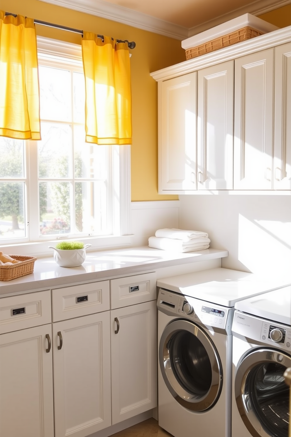 A bright and cheerful laundry room featuring yellow curtains that gently soften the natural light streaming in through the window. The space is organized with white cabinetry, a spacious countertop for folding clothes, and stylish storage baskets to keep everything tidy.