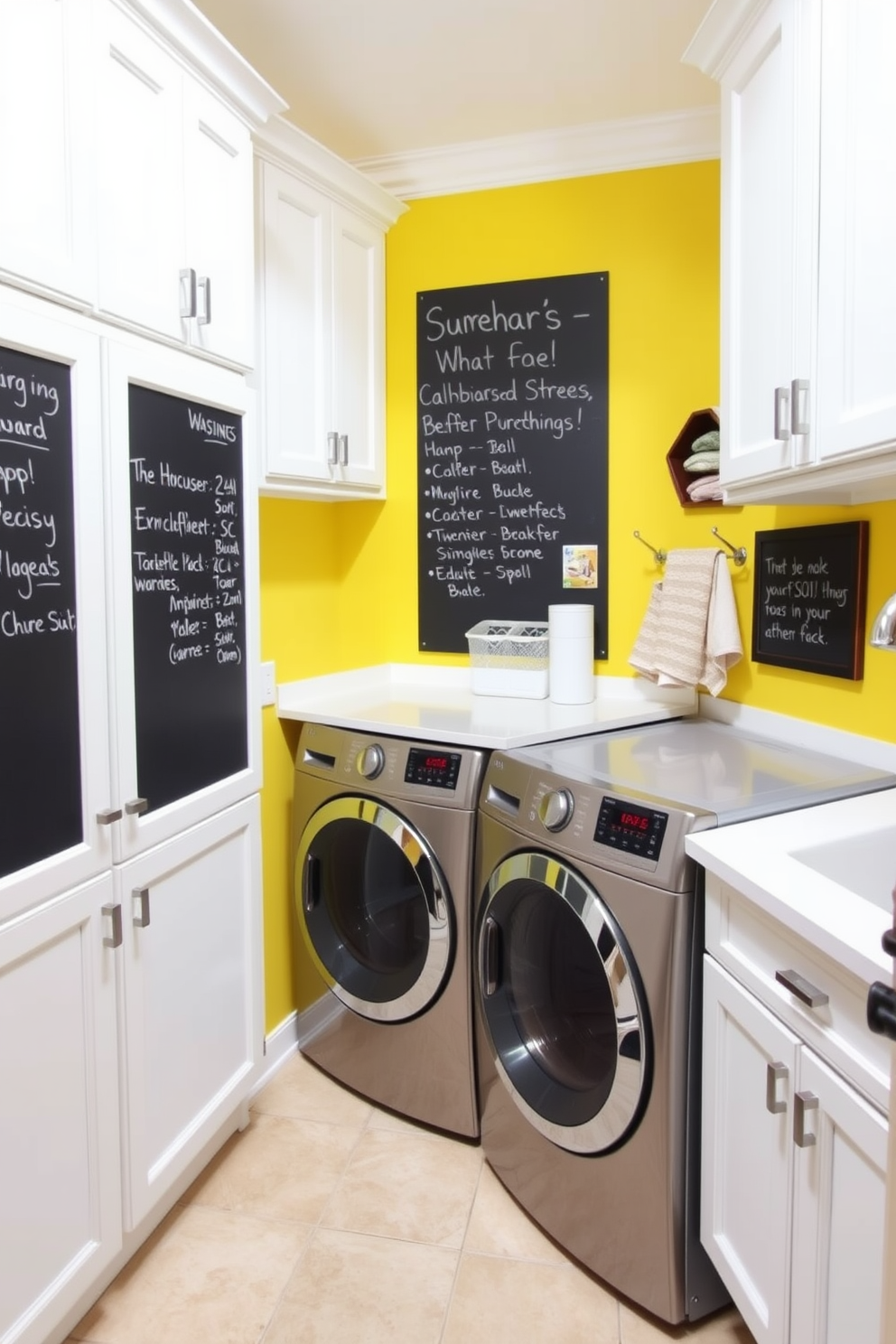 A cheerful laundry room with chalkboard paint on a bright yellow wall, providing a fun and functional space for notes and reminders. The room features white cabinetry for storage, a spacious countertop for folding clothes, and an elegant washer and dryer set in stainless steel.