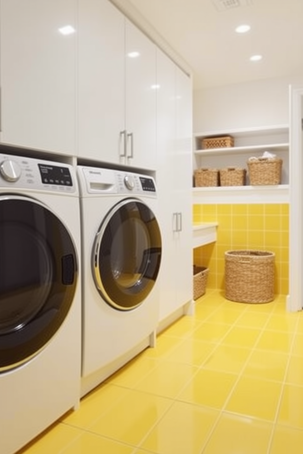 Bright yellow floor tiles create a bold statement in this vibrant laundry room. The walls are painted in a soft white, enhancing the brightness of the yellow tiles and making the space feel open and cheerful. A modern washer and dryer are seamlessly integrated into sleek cabinetry with a glossy finish. Decorative baskets are neatly arranged on open shelves, adding both functionality and style to the room.