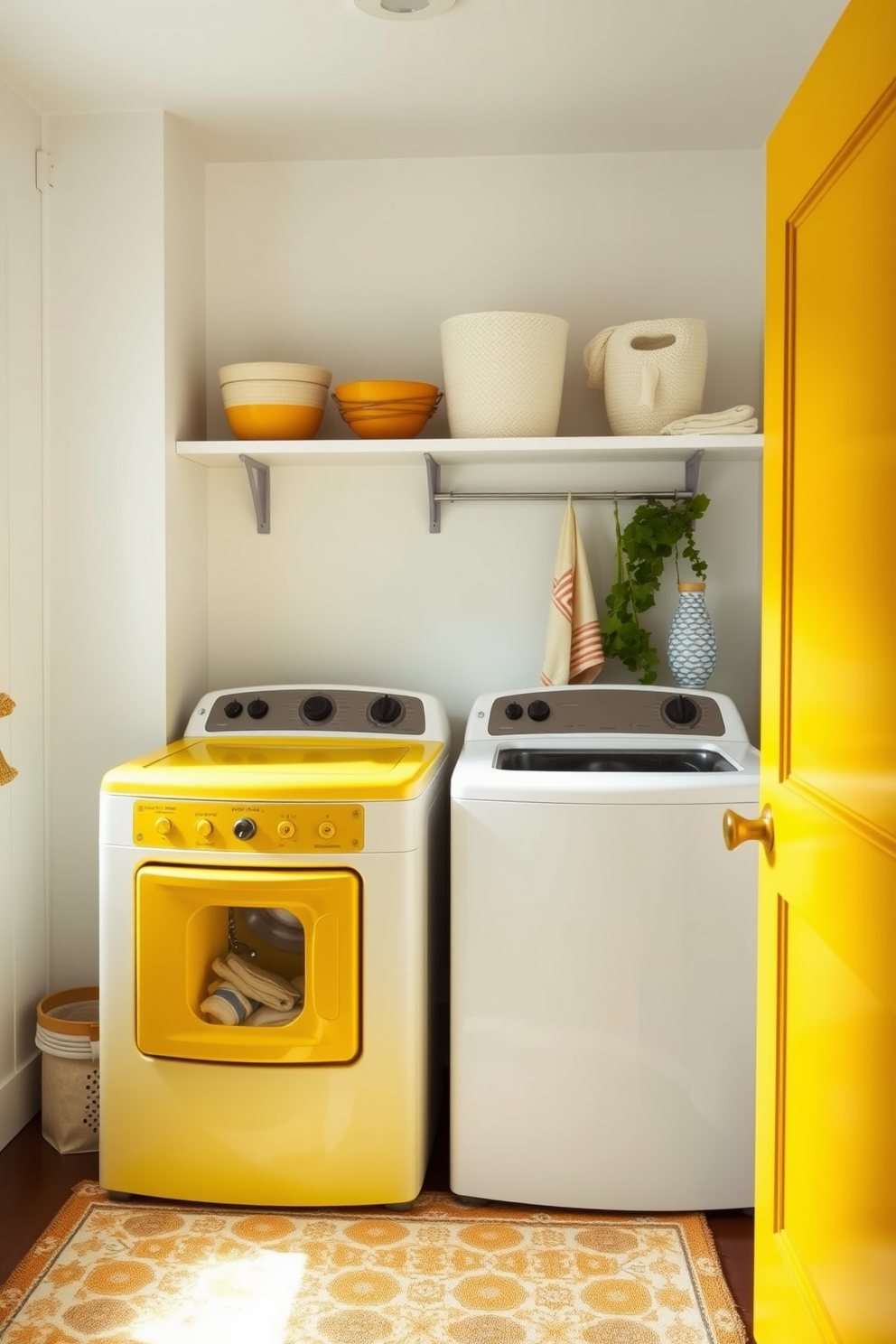 A bright and cheerful laundry room featuring yellow appliances that add a fresh pop of color. The walls are painted in a soft white, creating a clean and inviting atmosphere. Incorporate open shelving above the appliances for easy access to laundry essentials. A stylish area rug in a complementary color adds warmth and texture to the space.