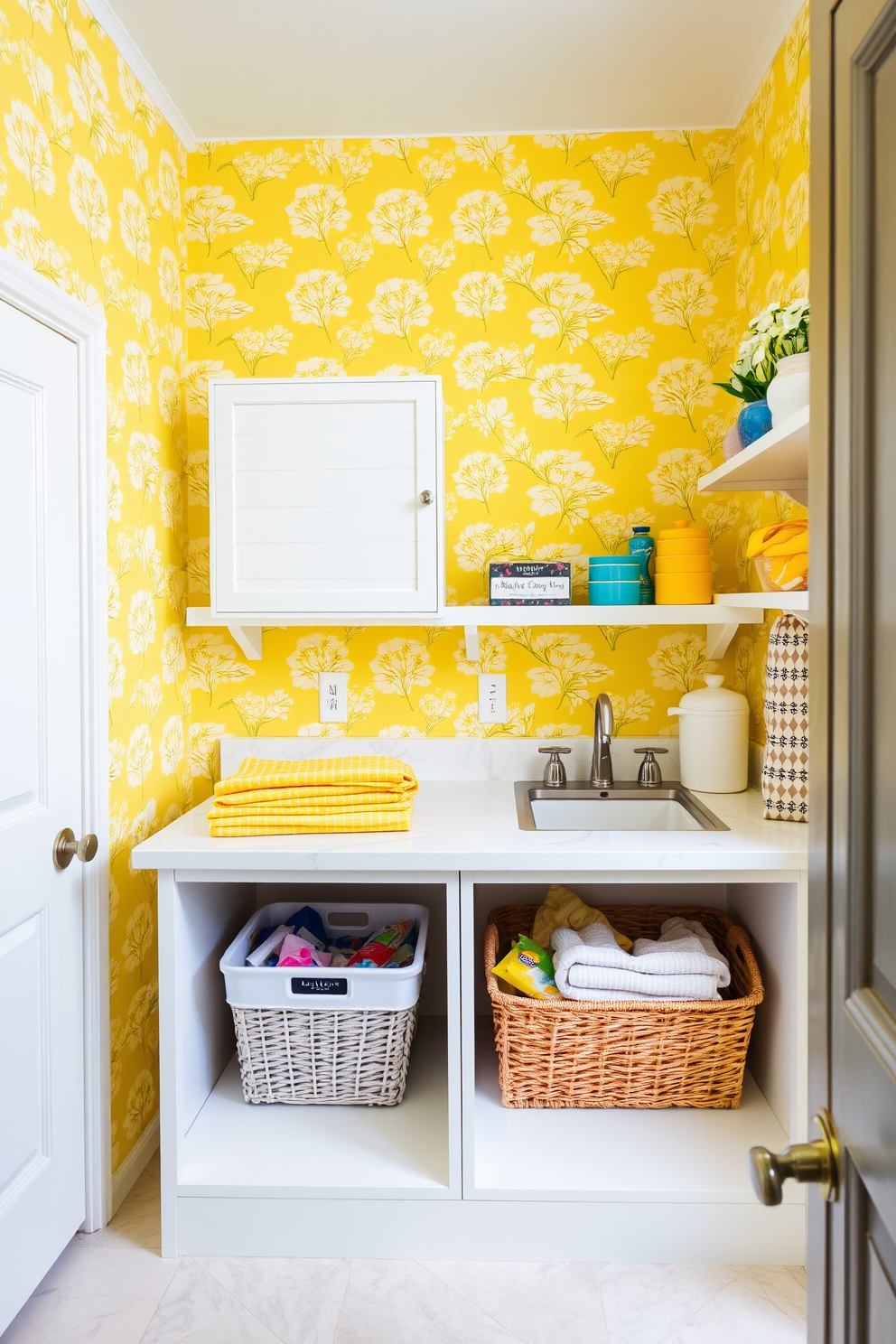 A cheerful laundry room adorned with floral yellow prints that add a whimsical touch. The walls feature a vibrant yellow wallpaper with delicate floral patterns, creating a bright and inviting atmosphere. A spacious countertop made of white quartz provides ample space for folding laundry. Below the countertop, open shelving displays neatly organized baskets and colorful laundry supplies.