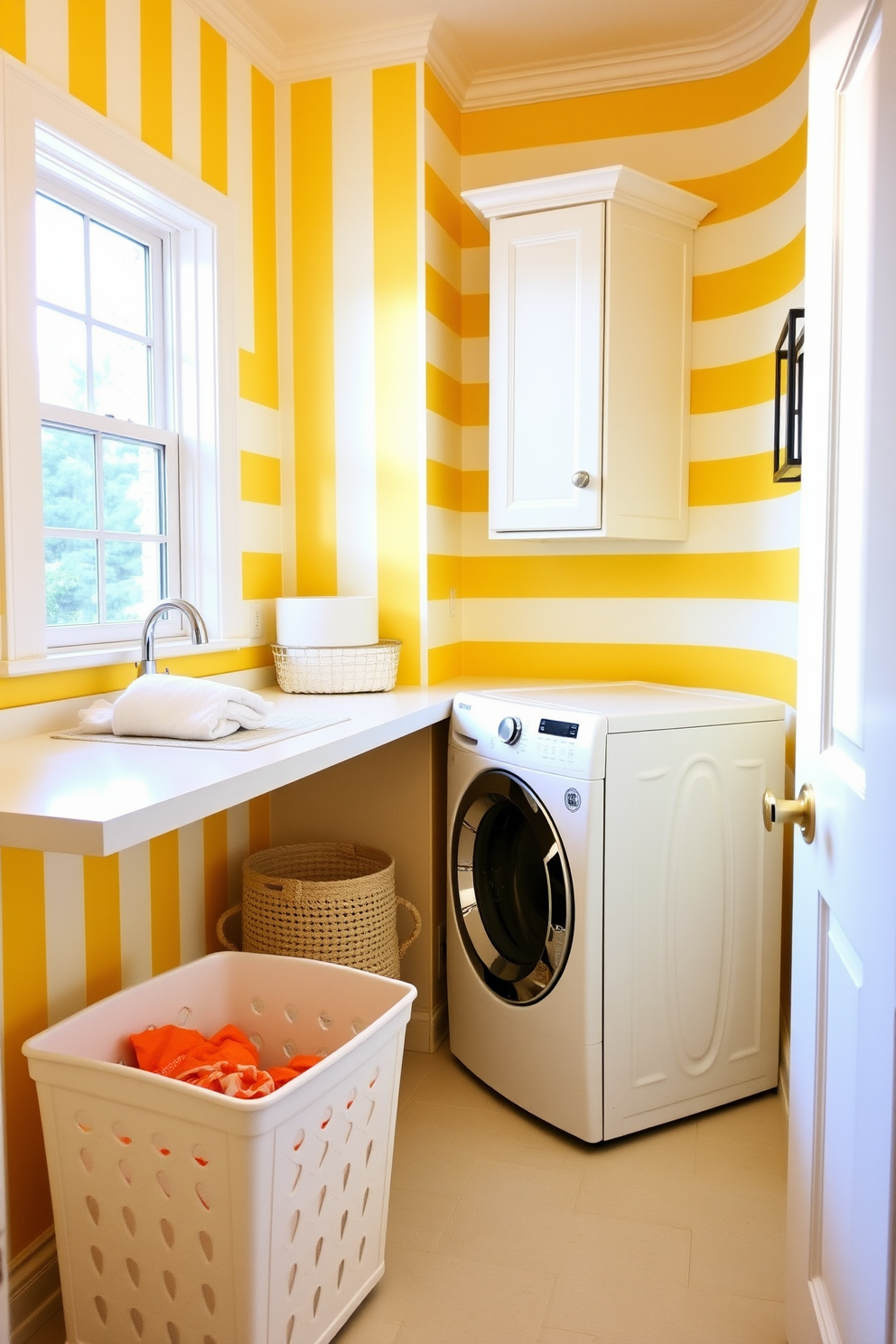 Cozy nook with yellow cushions. A small, inviting space filled with soft yellow cushions and a plush throw blanket on a comfortable armchair. Yellow laundry room design ideas. Bright yellow cabinets line the walls, complemented by a sleek white countertop and modern appliances.