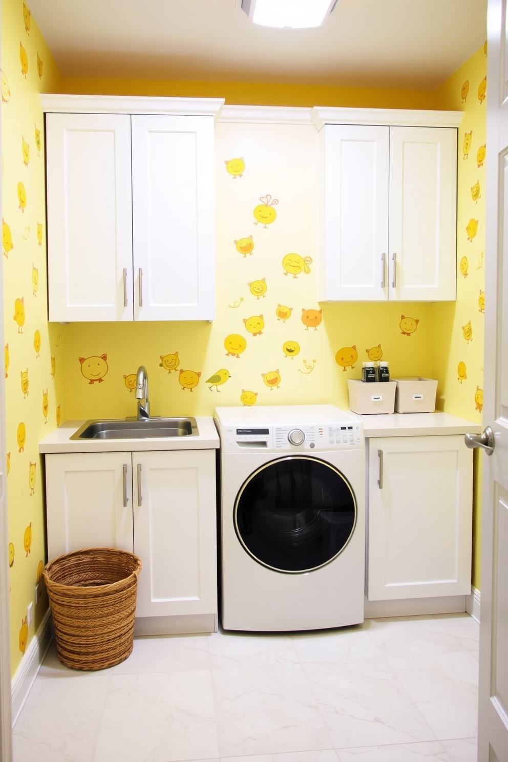 A vibrant laundry room filled with playful wall decals in cheerful yellow hues. The space features sleek white cabinetry and a modern washer and dryer, creating a bright and inviting atmosphere.