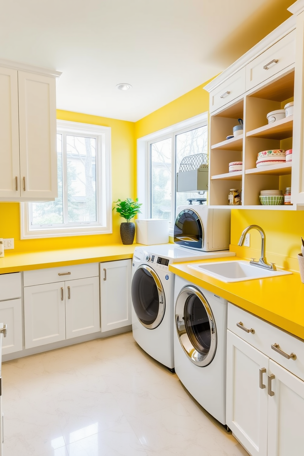 A cheerful workspace featuring a yellow countertop that brightens the room. The space is complemented by white cabinets and a large window that lets in natural light. A bright yellow laundry room designed for efficiency and style. The room includes ample storage with shelves and cabinets, along with a spacious sink for convenience.