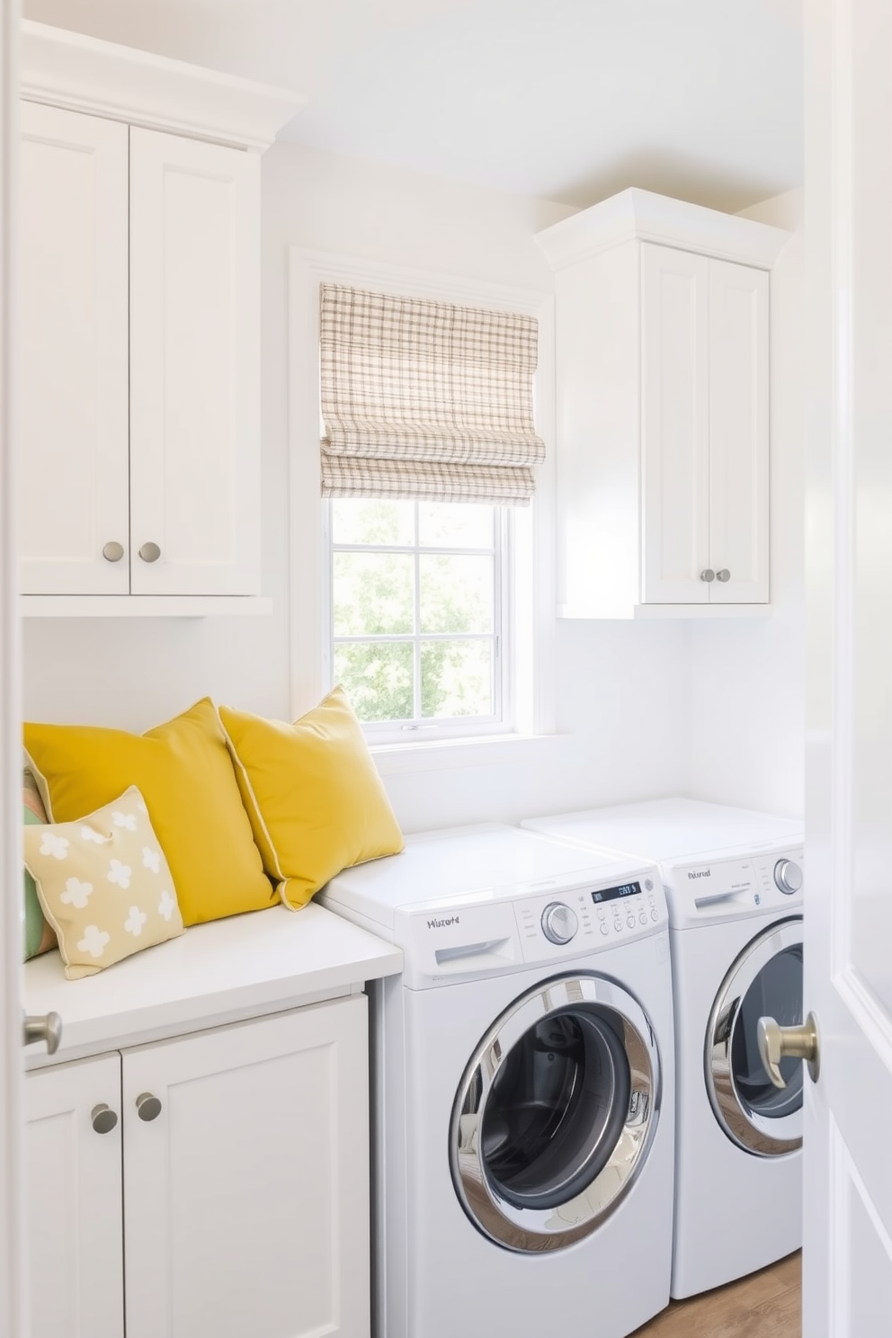 Charming farmhouse sink with yellow trim. The sink is surrounded by white cabinetry and features a vintage-style faucet. The walls are painted in a soft pastel yellow, creating a cheerful atmosphere. Open shelving above the sink displays colorful dishware and potted herbs for added charm. Yellow laundry room design ideas include bright accents and functional storage solutions. A spacious countertop for folding clothes complements the farmhouse aesthetic.