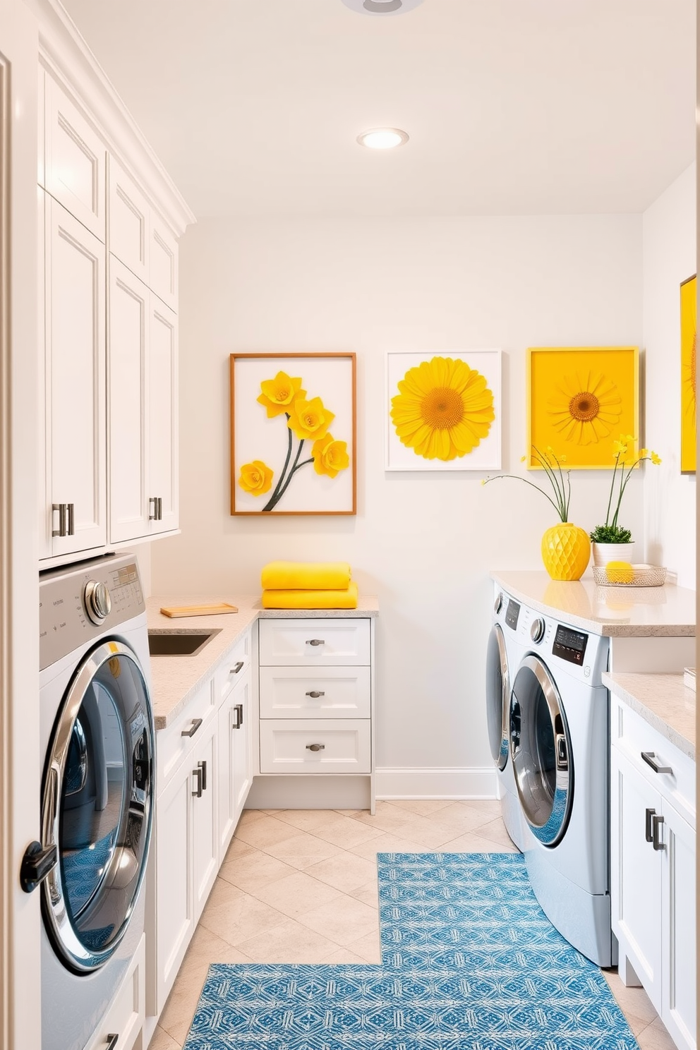 A bright and cheerful laundry room featuring yellow art pieces that add a pop of color to the walls. The room is equipped with modern appliances and ample storage, complemented by a stylish countertop for folding clothes.